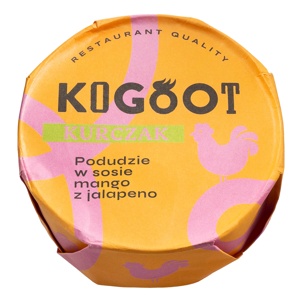 Kogoot artisan canned food of Polish production. Free-range chicken drumstick braised in Alfredo mango pulp sauce 300 g.