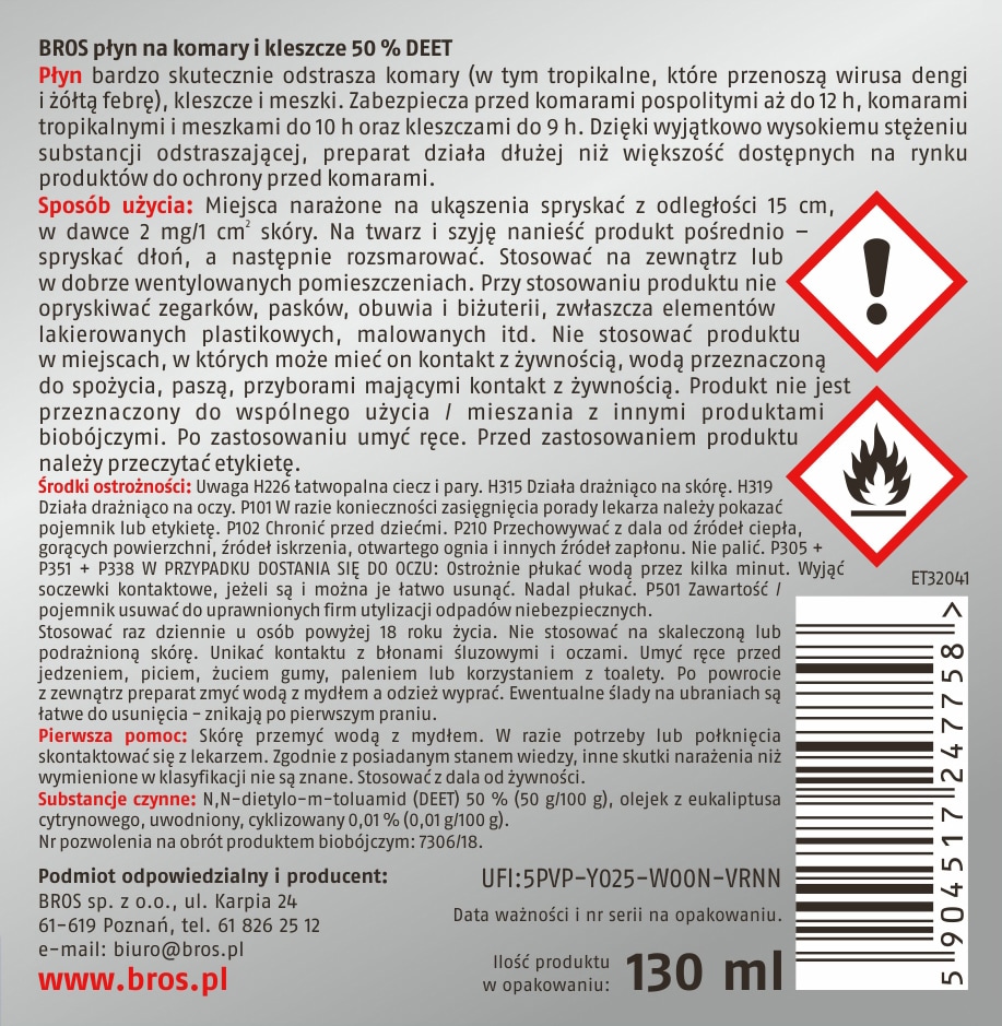 Bros DEET 50% Mosquito and Tick Repellent Liquid 130 ml