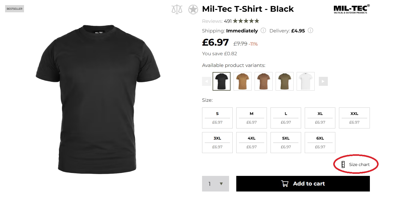 Size chart on the product page