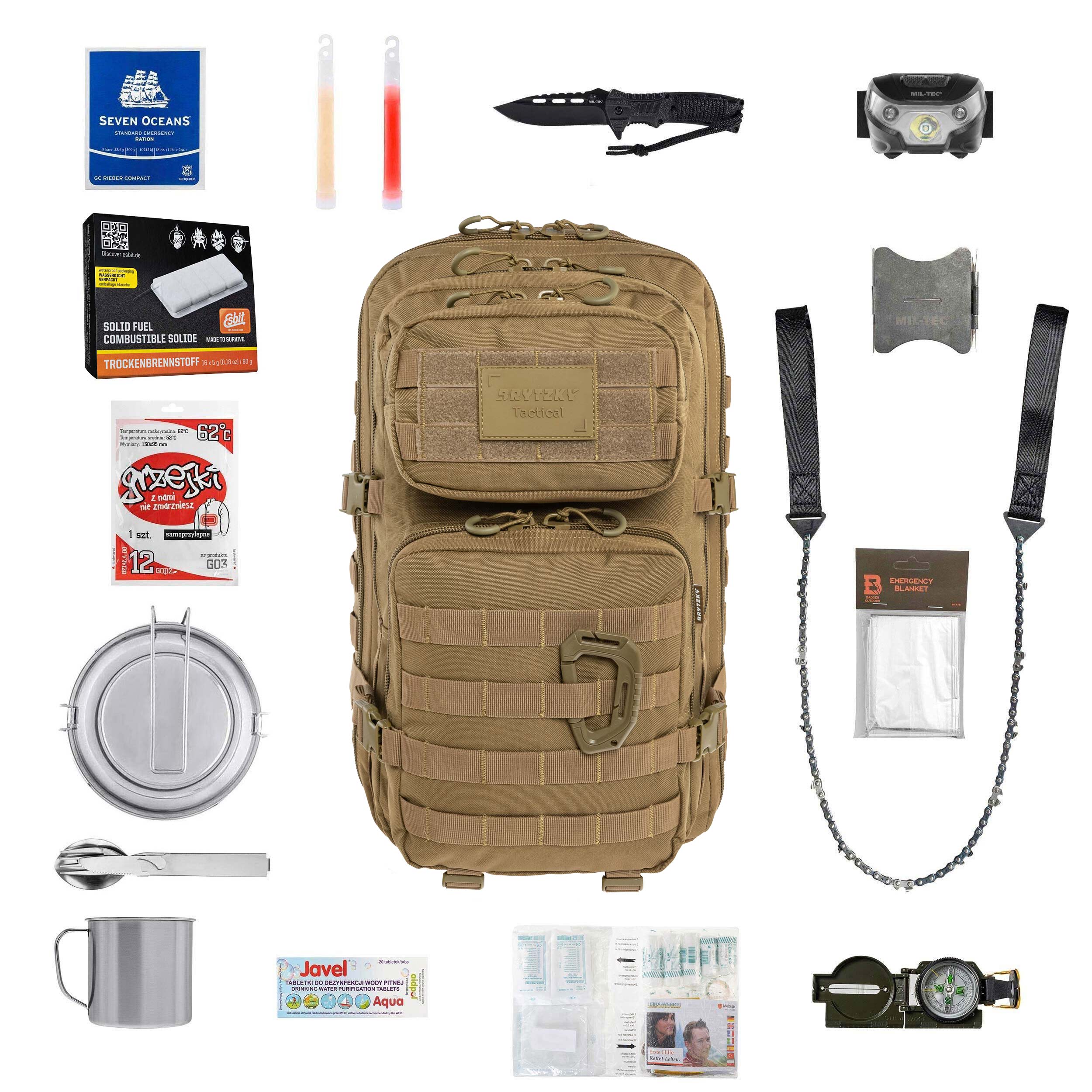 Brytzky Tactical Polygon Large evacuation reppu 36 l - Coyote Medium varusteilla