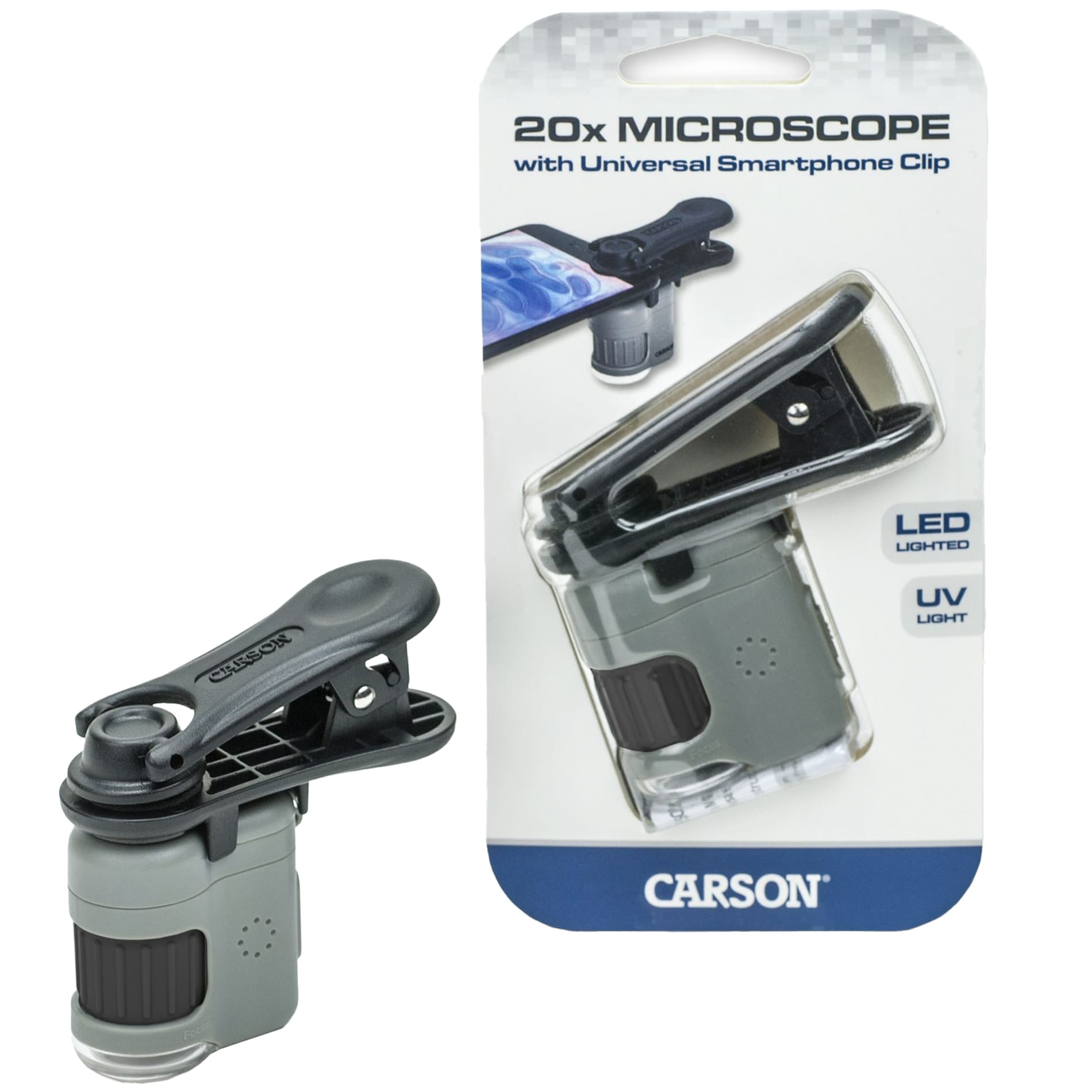 Carson MicroMini 20x taskumikroskooppi älypuhelinklipsillä
