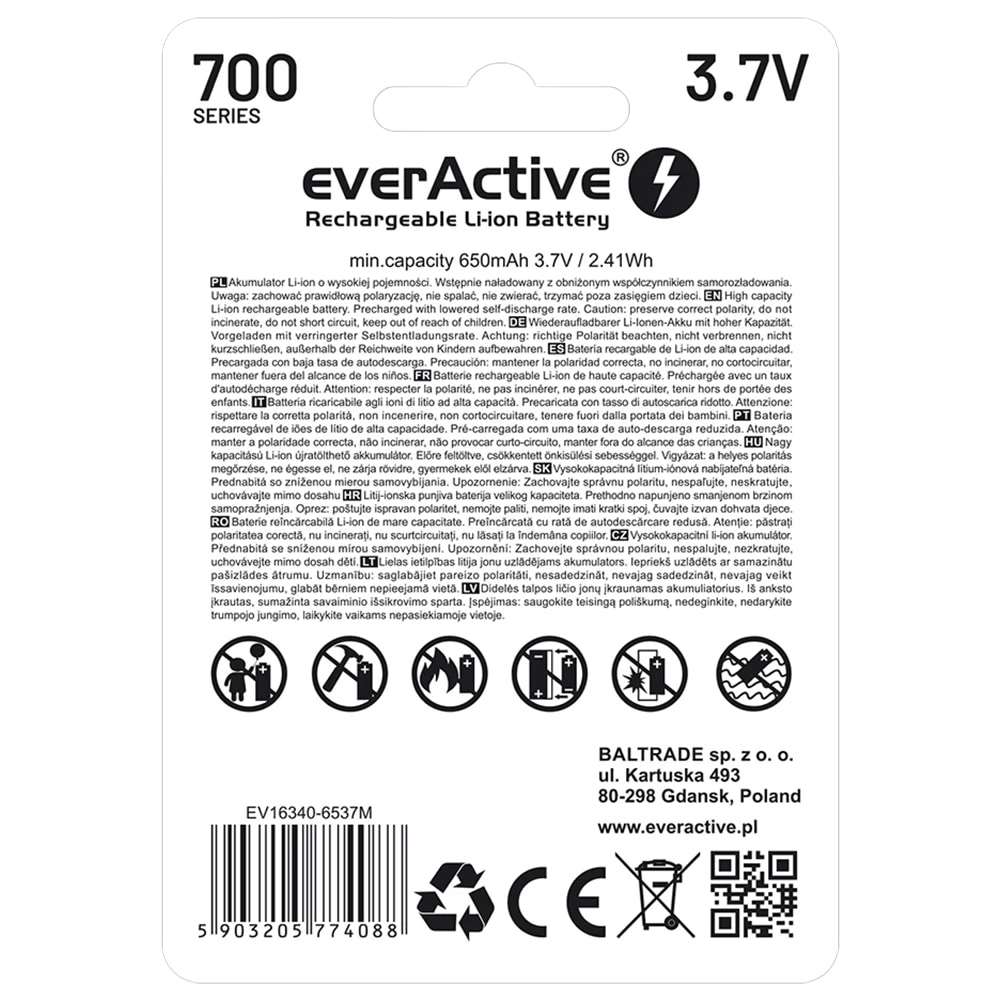 everActive 16340 Akun 3,7 V, suojattu - 700 mAh