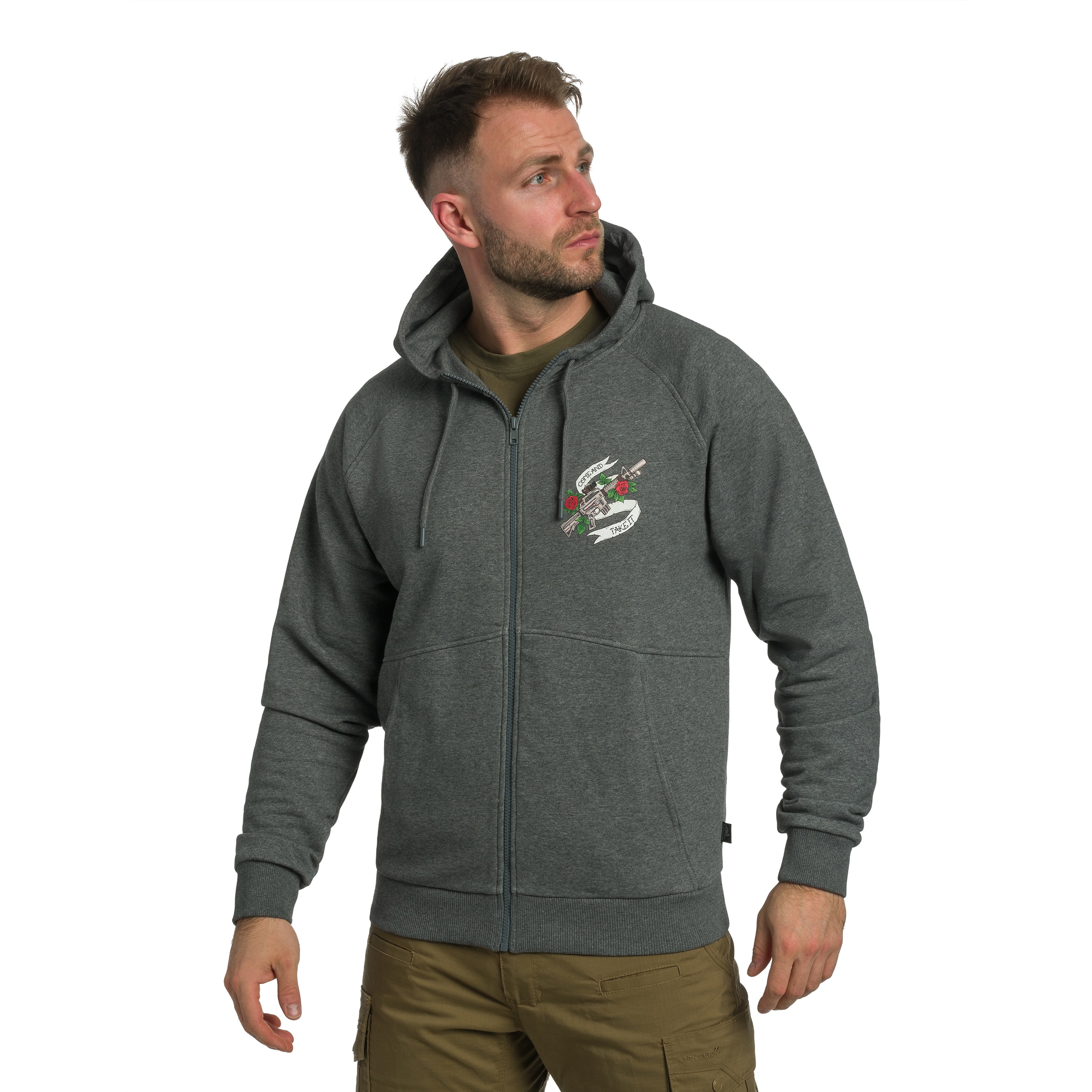 Helikon-Tex Full-Zip Come And Take It Hoodie - Mid Grey Melange huppari