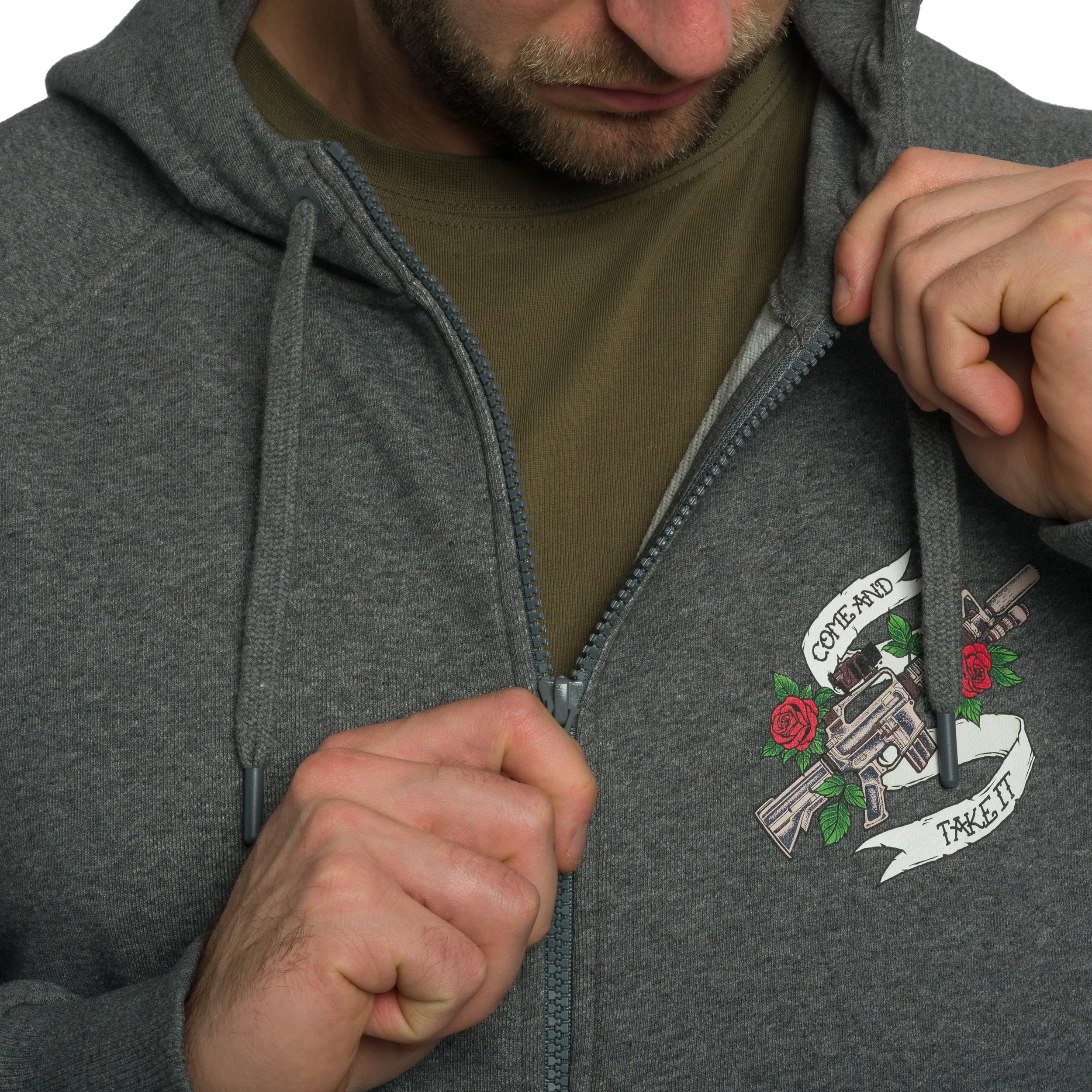Helikon-Tex Full-Zip Come And Take It Hoodie - Mid Grey Melange huppari