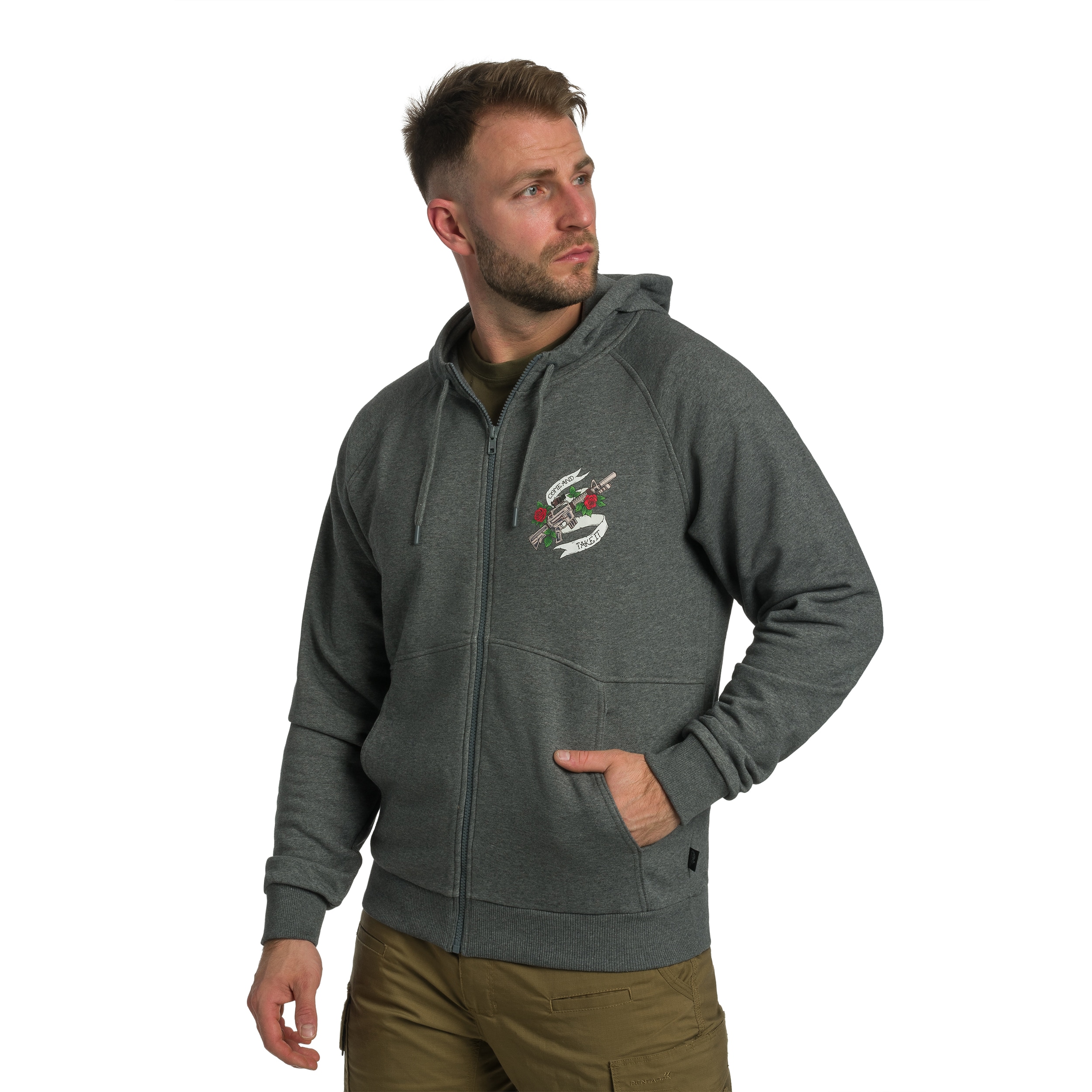 Helikon-Tex Full-Zip Come And Take It Hoodie - Mid Grey Melange huppari
