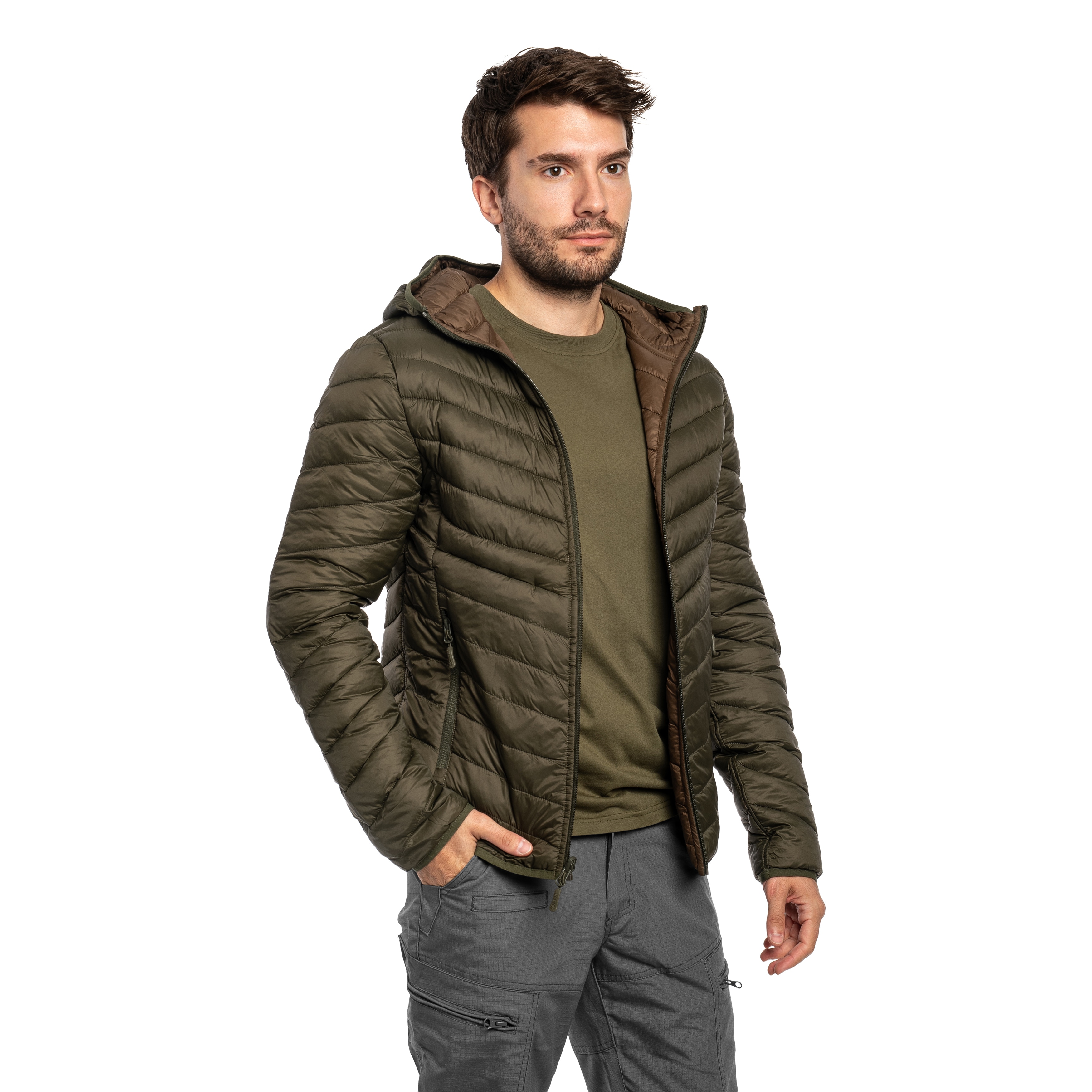 MFH Reversible Quilted Thermal Jacket takki - OD Green/Brown