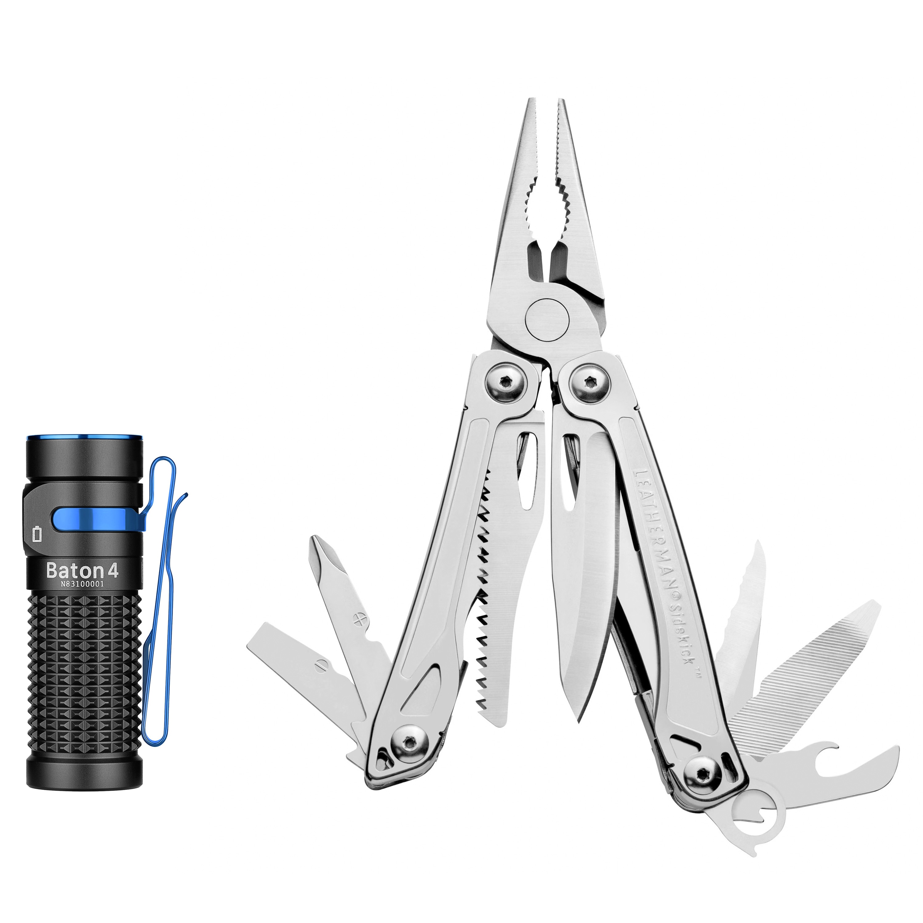 Multitool Sidekick Leatherman + lampe de poche Olight Baton 4 - Ensemble
