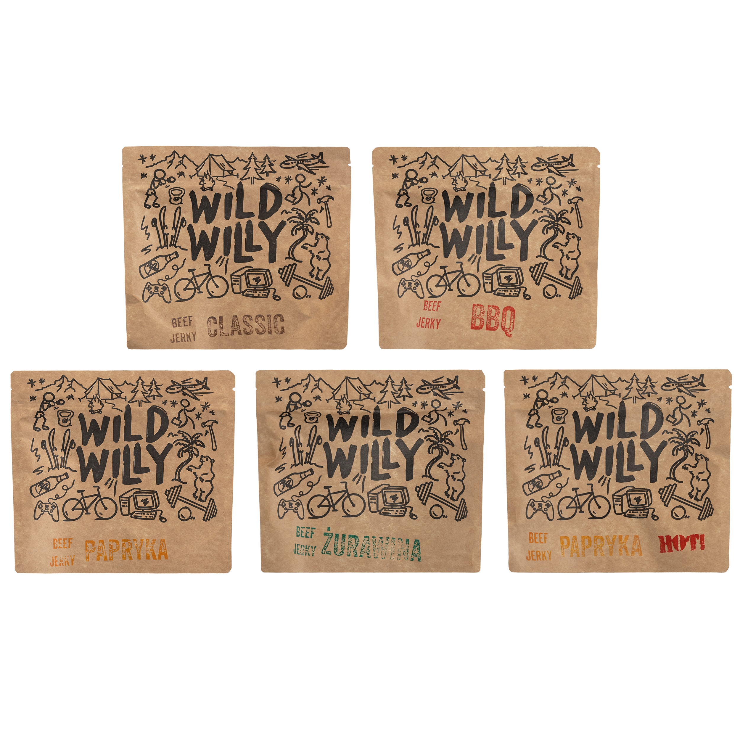 Viande de bœuf séchée Beef Jerky Classic/ BBQ/ Paprika/ Paprika Hot!/Groseilles 5 x 100 g Wild Willy