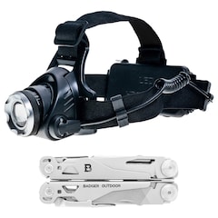 Multitool Badger Outdoor Solid Black + lampe frontale XRG 200 - Ensemble