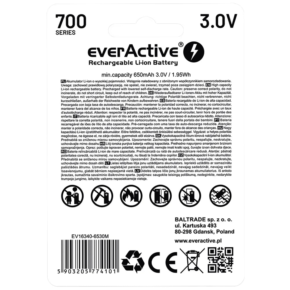 Batterie 3 V 16340 avec sécurité - 700 mAh EverActive 