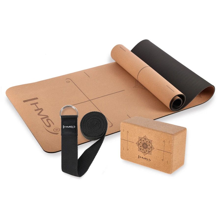 Ensemble de yoga HMS - Tapis TPE YM11 Brique KJ02 Sangle SJ01 - Cork