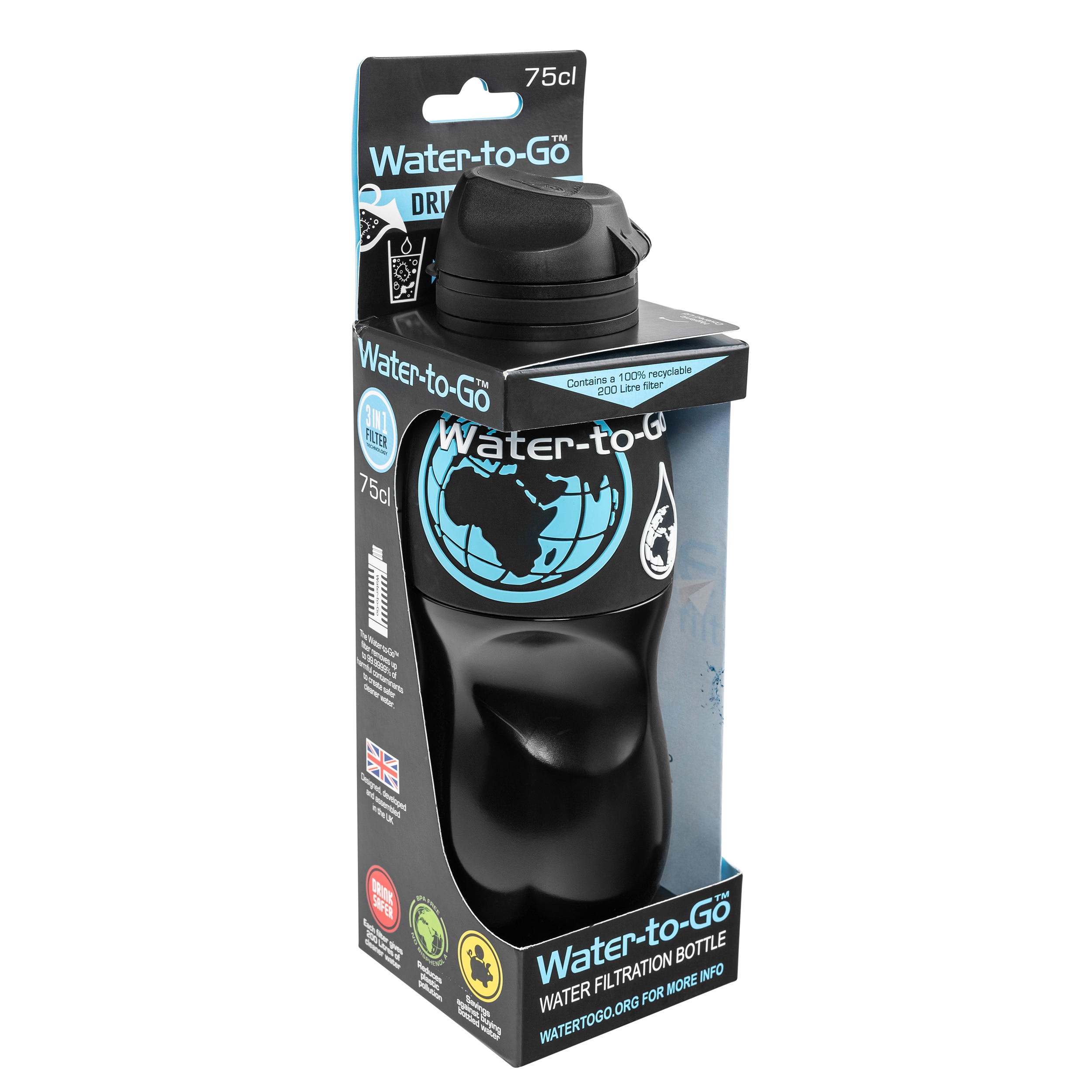 Bouteille avec filtre 750 ml 2024 Water-to-Go - Noir