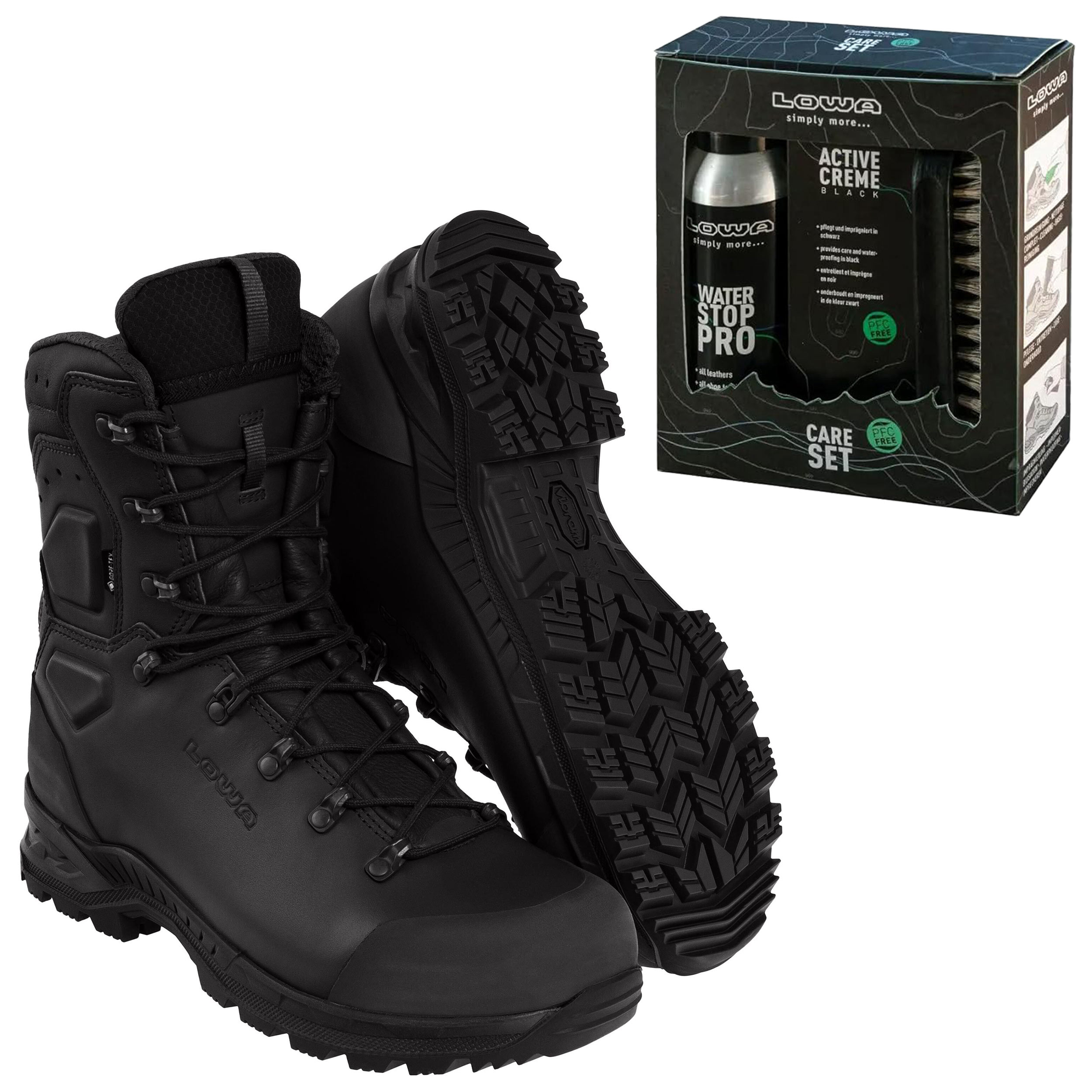 Chaussures MK2 GTX Combat Boot Black + Care Set pour le nettoyage des chaussures Lowa - Ensemble