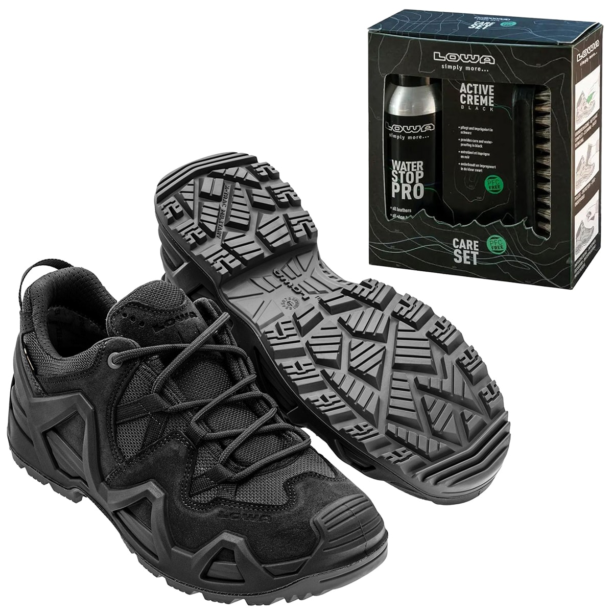 Chaussures Zephyr GTX Low MK2 Black + Care Set pour le nettoyage des chaussures Lowa - Ensemble