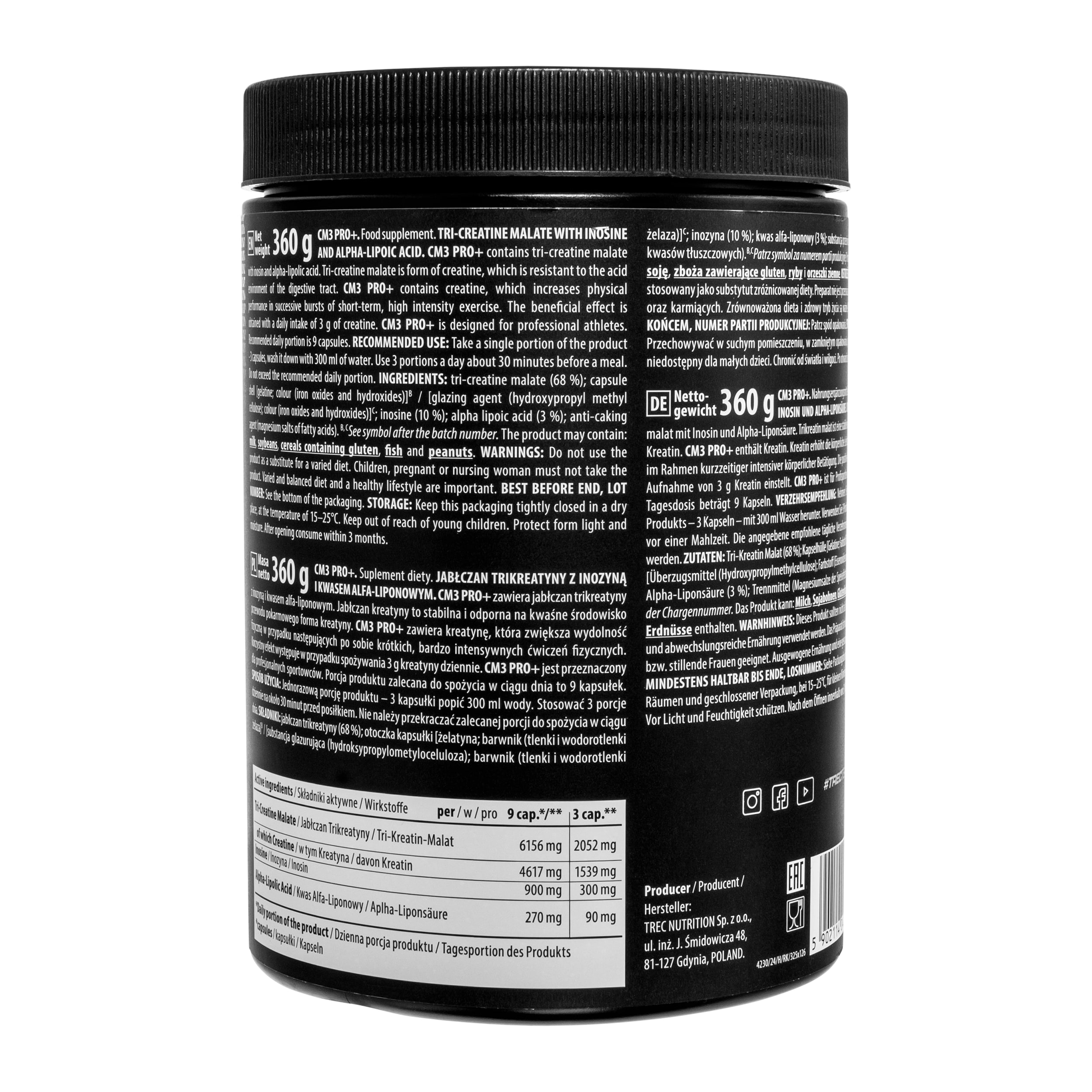 Créatine malate Trec CM3 Pro+ 360 capsules - complément alimentaire