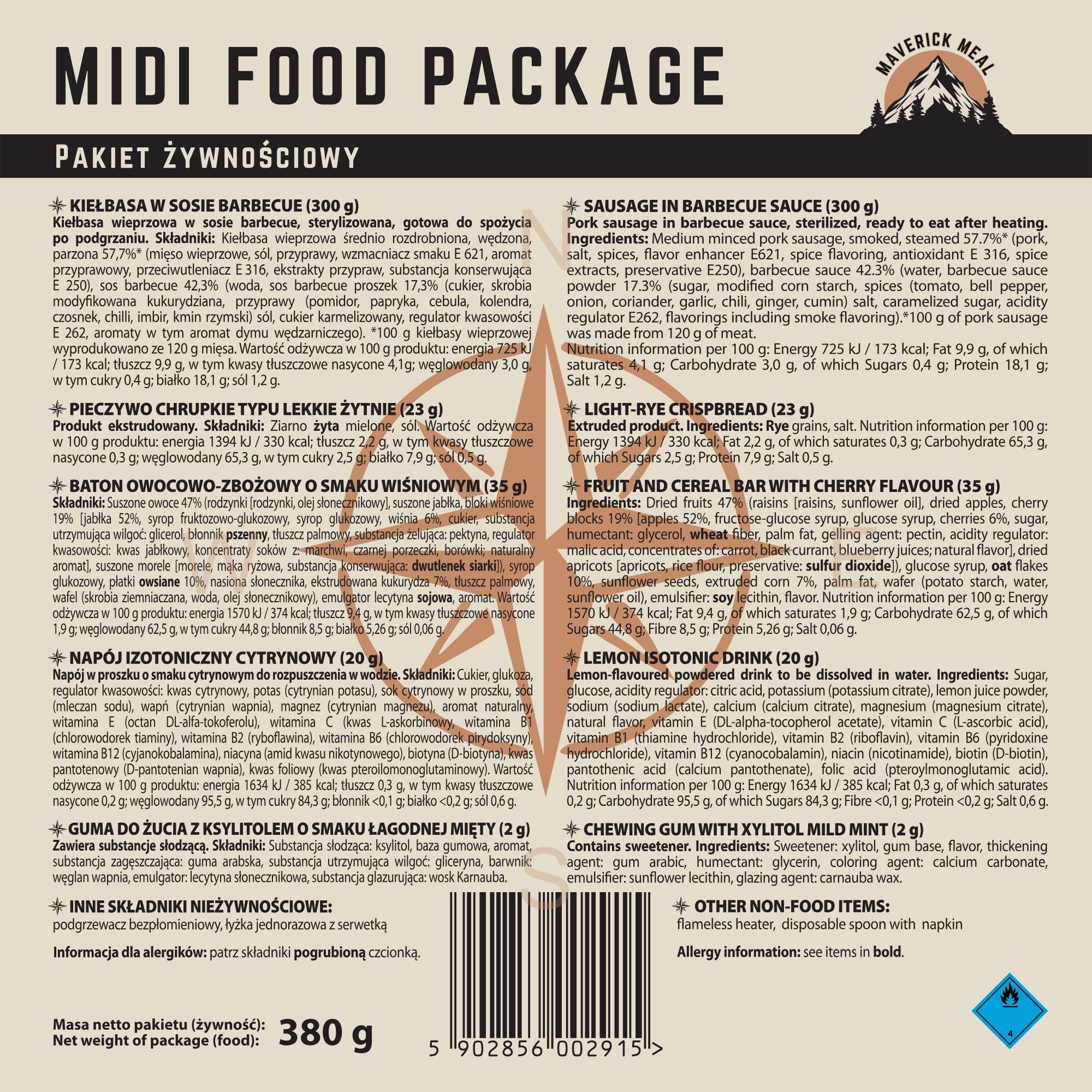 Ration alimentaire Midi Saucisse à la sauce barbecue - 380 g Maverick Food