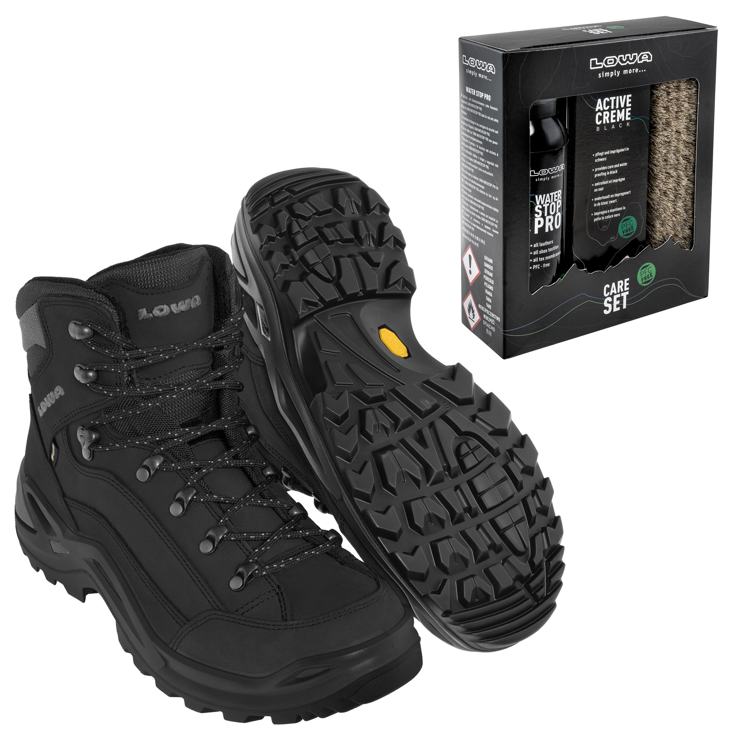 Chaussures Renegade GTX MID Lowa - Jet Black + Care Set pour le nettoyage des chaussures Lowa - Ensemble
