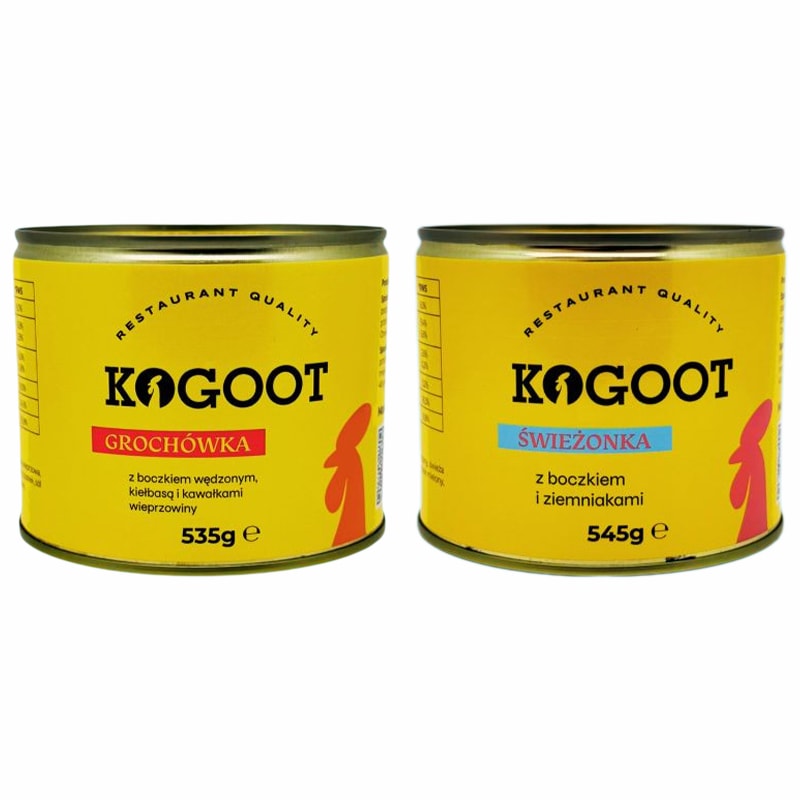 Aliments en conserve Kogoot - Soupe aux pois 535 g, Świeżonka (Viande fraîche de porc sautée à la paysanne) 560 g
