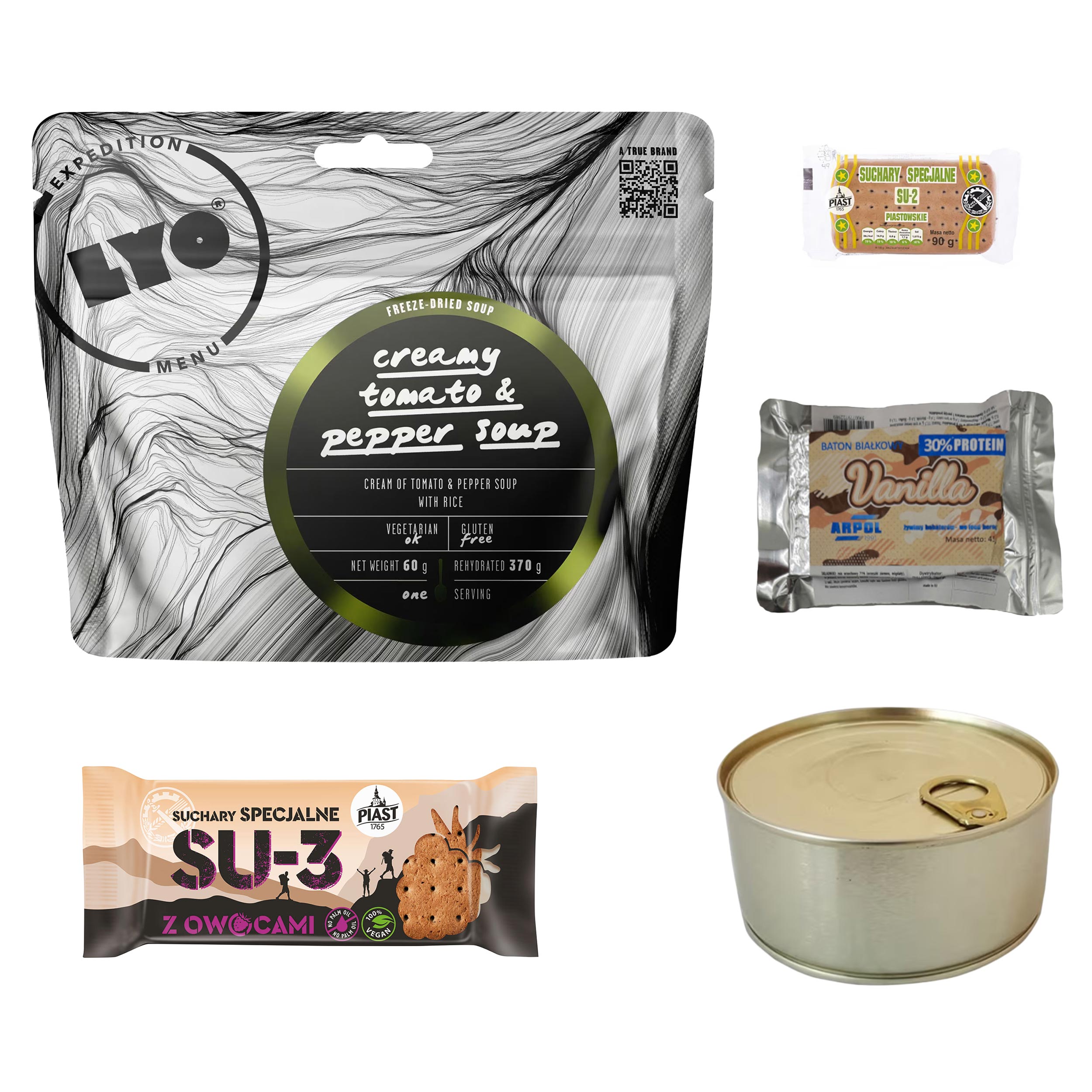 Saucisse militaire Arpol 300 g + nourriture lyophilisée LYOFOOD + biscottes Piast + barre énergétique - lot