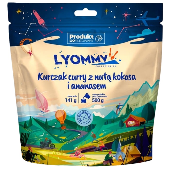 Aliments lyophilisés Poulet au curry, avec une touche de noix de coco et d'ananas, 141 g / 642 kcal Lyommy