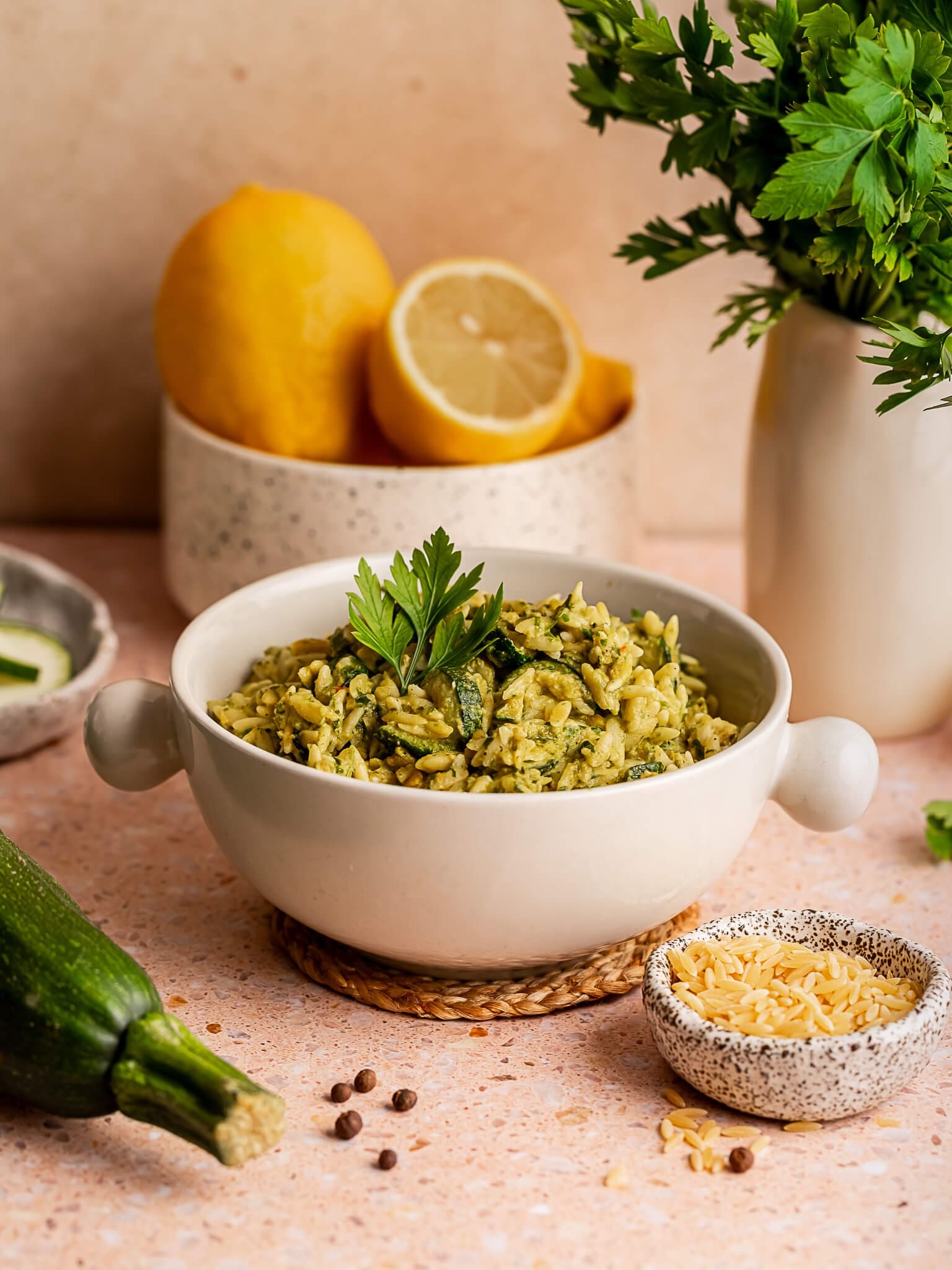 Aliments lyophilisés Pâtes orzo au pesto et au poulet végétalien 97 g / 473 kcal Lyommy