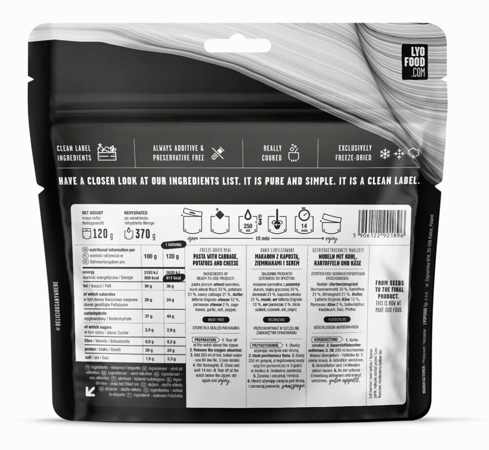 Aliments lyophilisés Pizzoccheri LYOFOOD 120 g/611 kcal