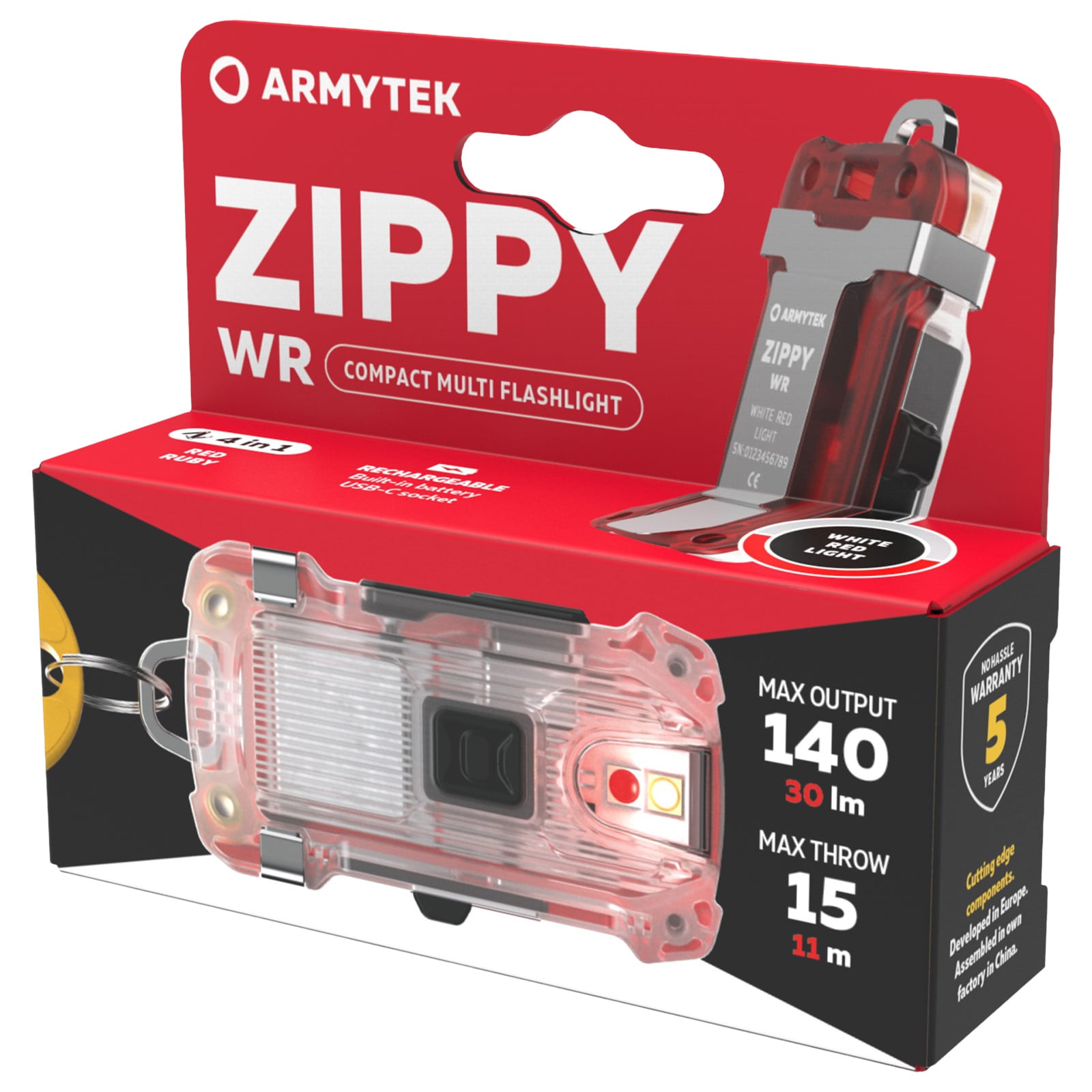 Lampe de poche Zippy WR USB-C Armytek 140 lumens - Red