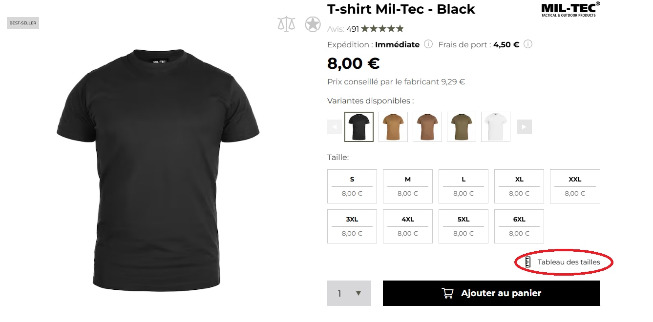 Tableau des tailles sur la fiche produit