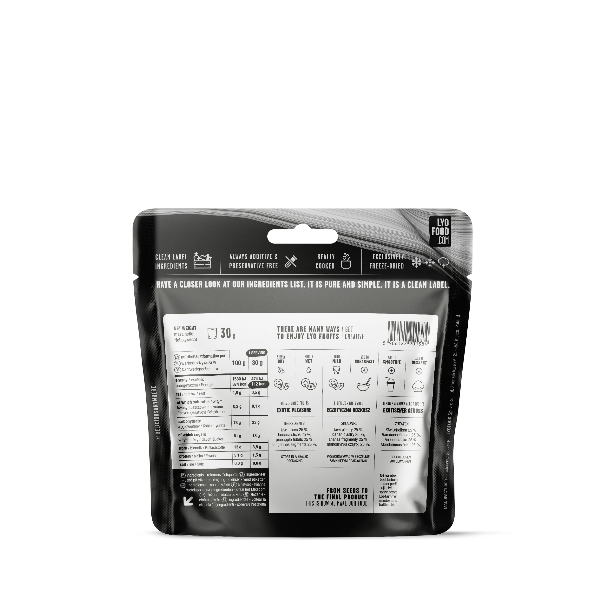 LYOFOOD fagysztva szárított étel - Egzotikus élvezet – mandarin, kivi, banán, ananász 30 g