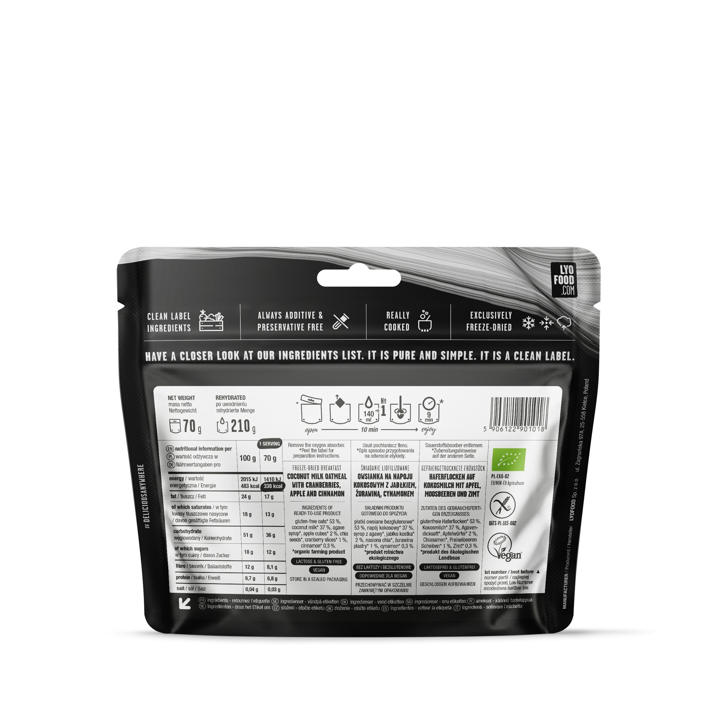 LYOFOOD fagysztva szárított étel - Bio Zabkása almával, áfonyával, fahéjjal és chia maggal 210 g