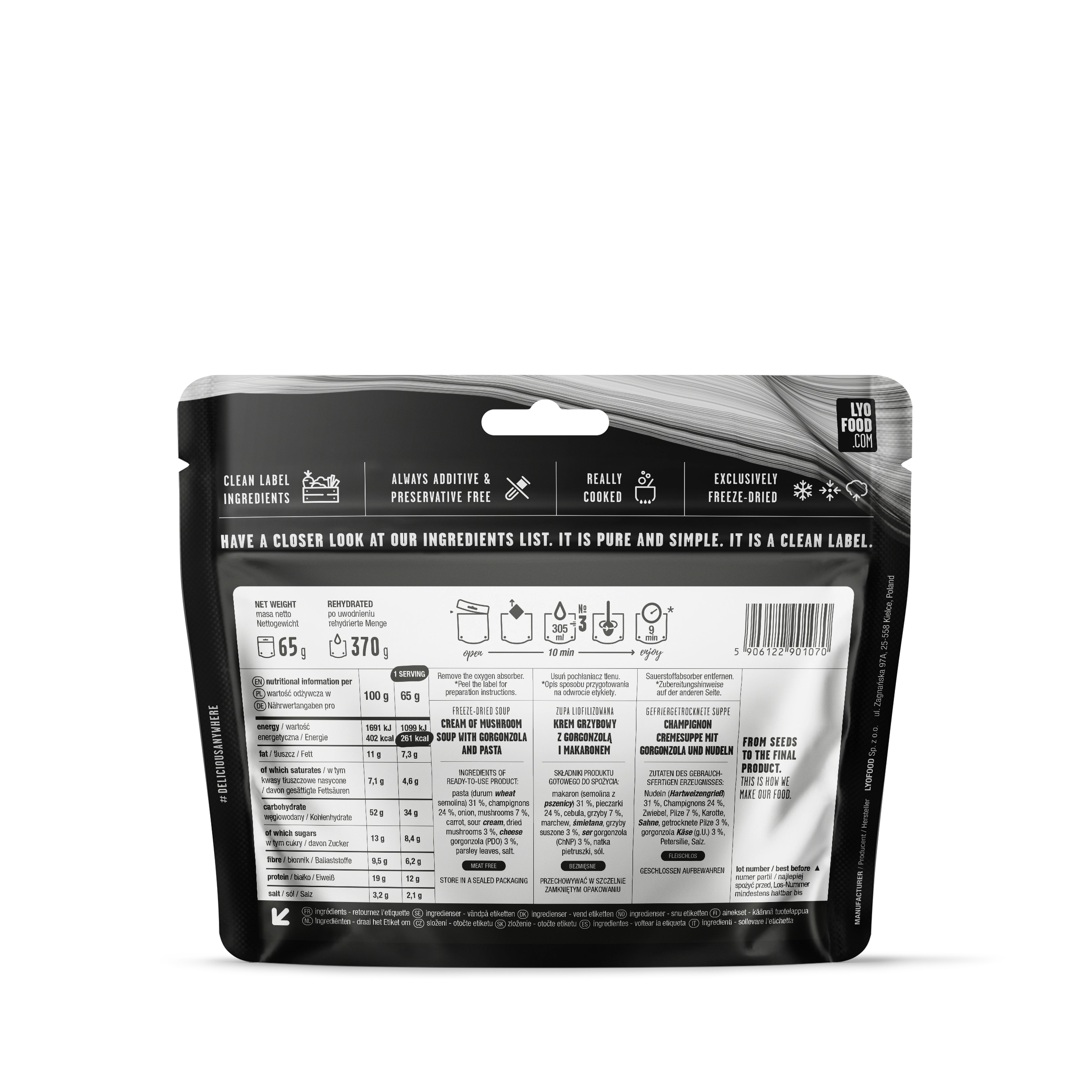 LYOFOOD fagyasztva szárított étel Gombakrémleves gorgonzolával és tésztával 370g