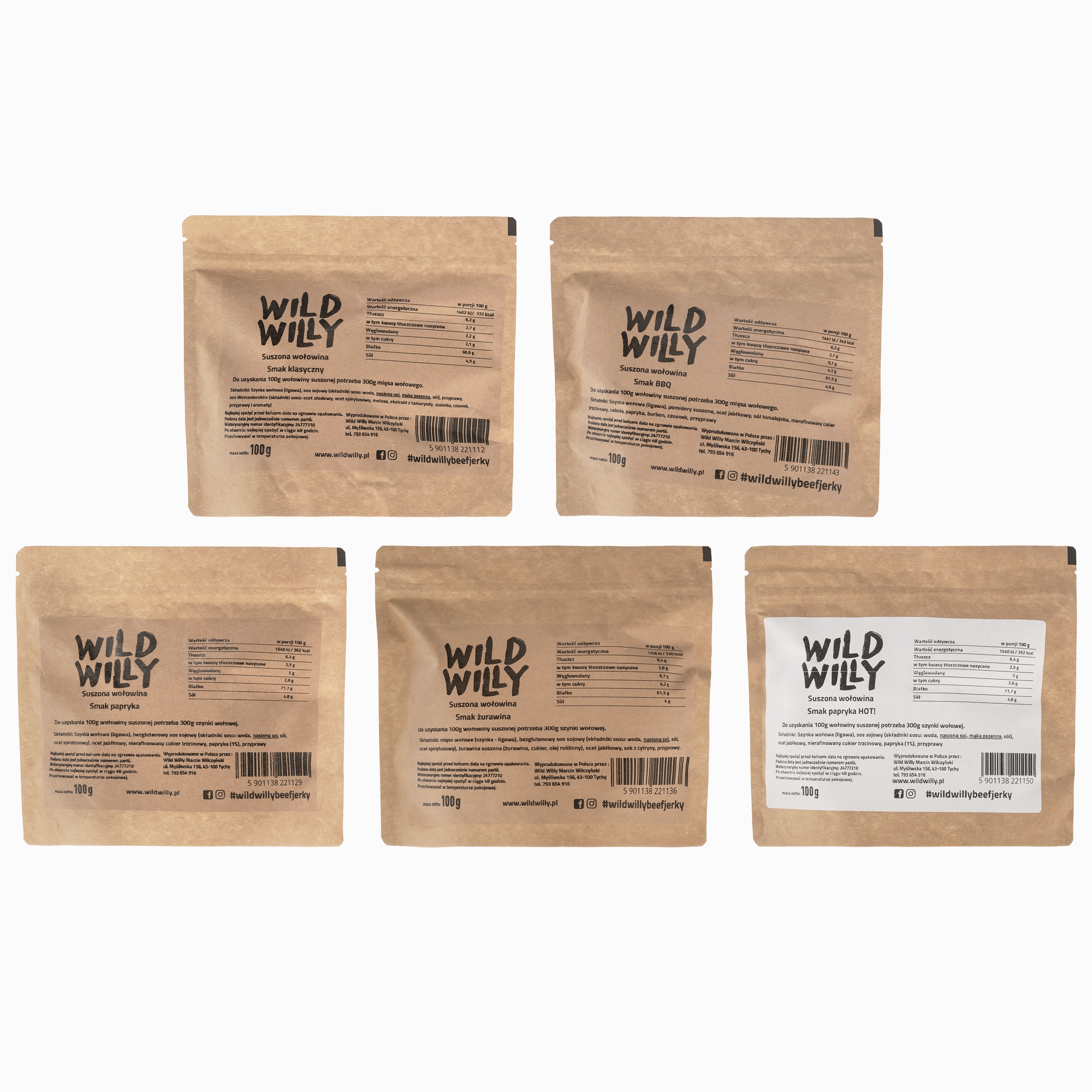Wild Willy Beef Jerky Classic/ BBQ/ Paprika/ Csípős paprika/ Tőzegáfonya szárított marhahús 5 x 100 g