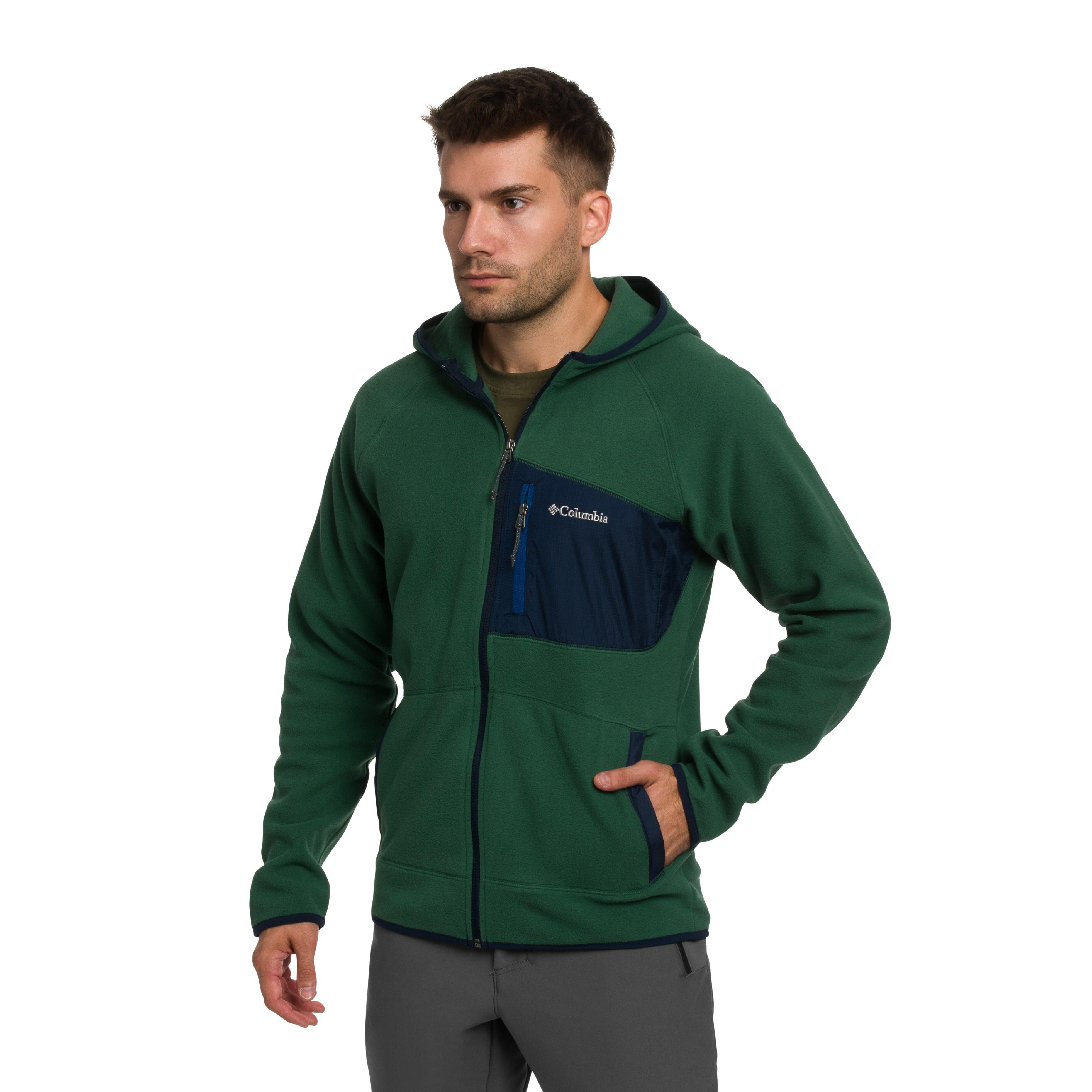 Columbia Fast Trek Overlay Hooded polár pulóver - Rain Forest/Coll Navy