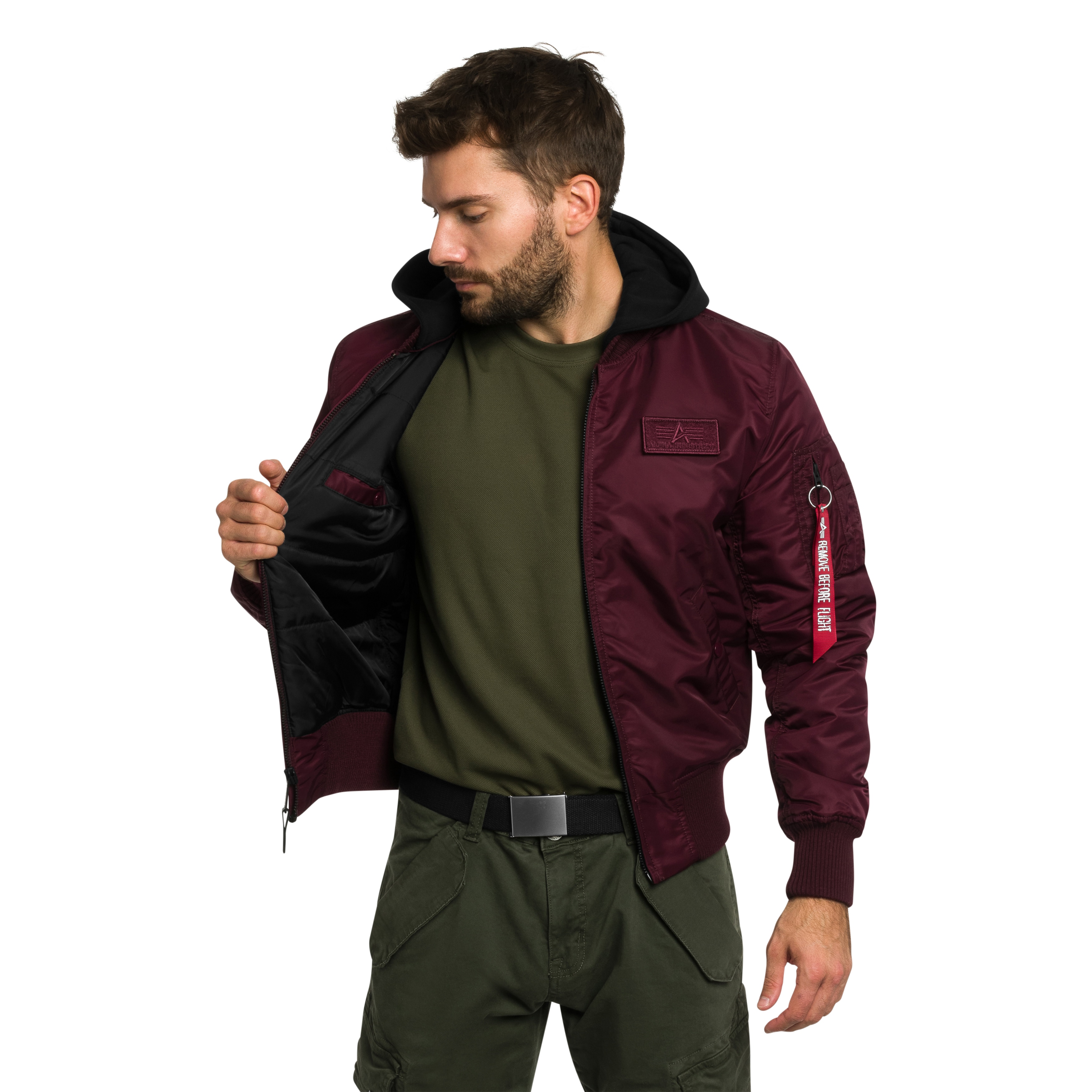 Alpha Industries MA-1 Zip Hood Backprint Bomber kabát - Dark Cherry