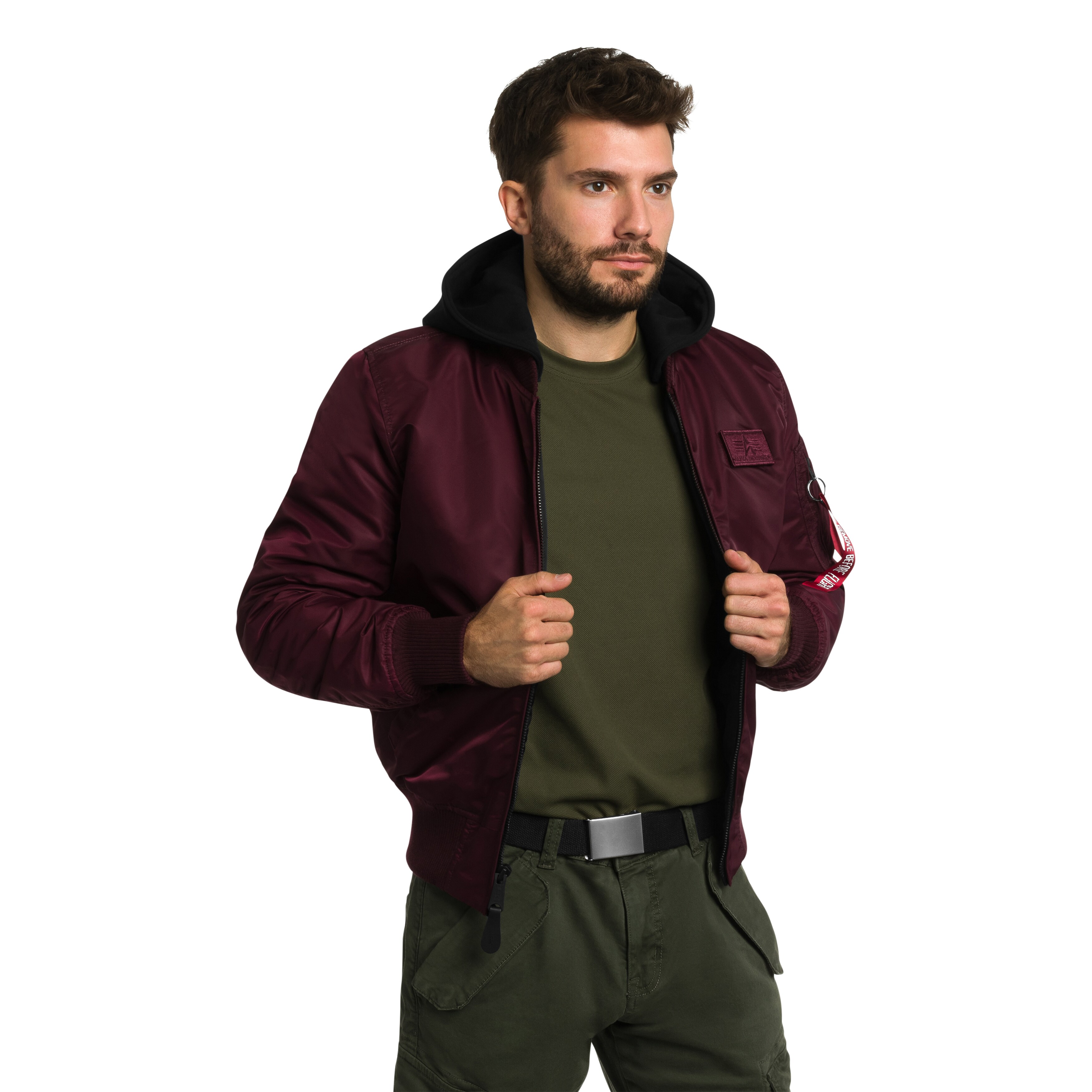 Alpha Industries MA-1 Zip Hood Backprint Bomber kabát - Dark Cherry