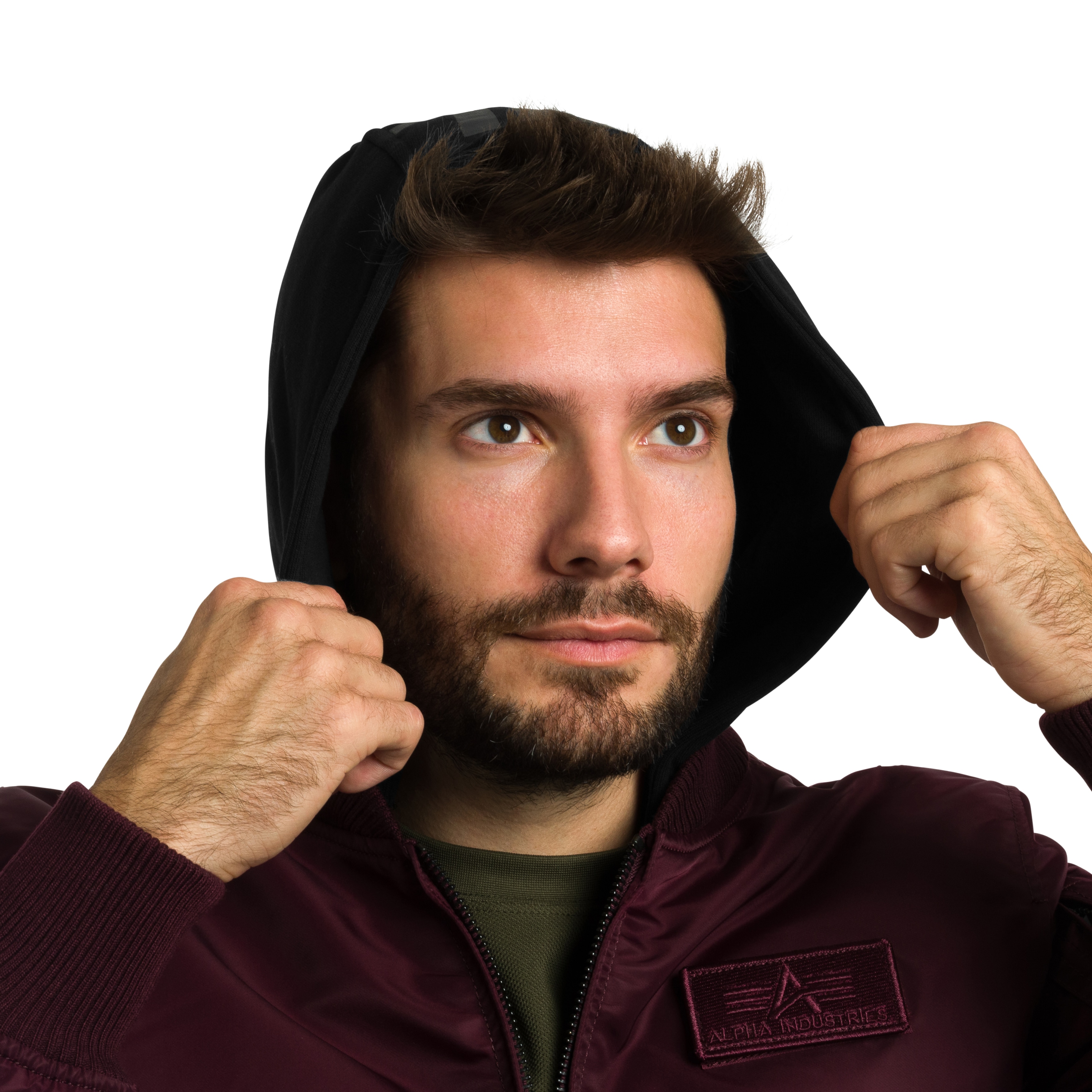Alpha Industries MA-1 Zip Hood Backprint Bomber kabát - Dark Cherry