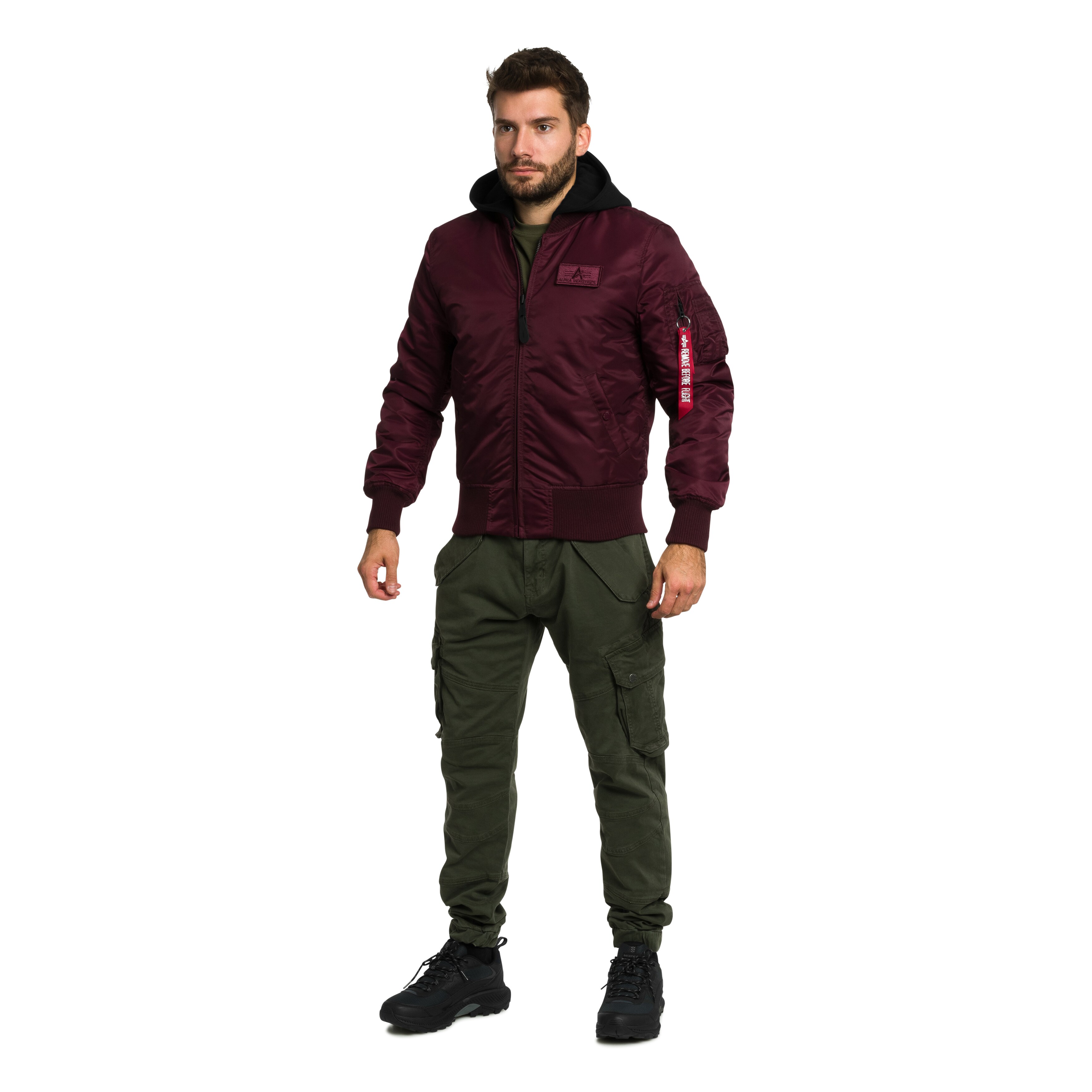 Alpha Industries MA-1 Zip Hood Backprint Bomber kabát - Dark Cherry