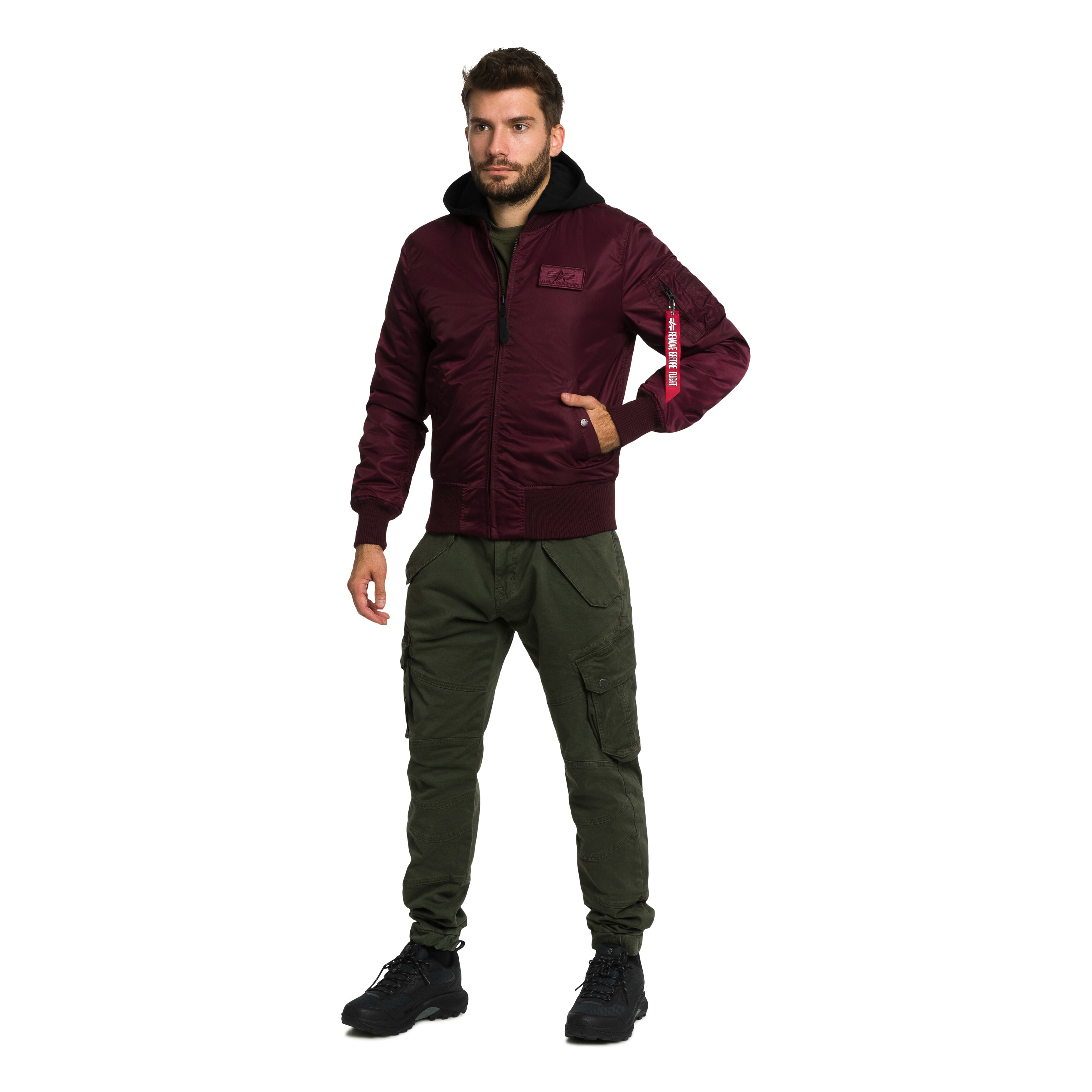 Alpha Industries MA-1 Zip Hood Backprint Bomber kabát - Dark Cherry