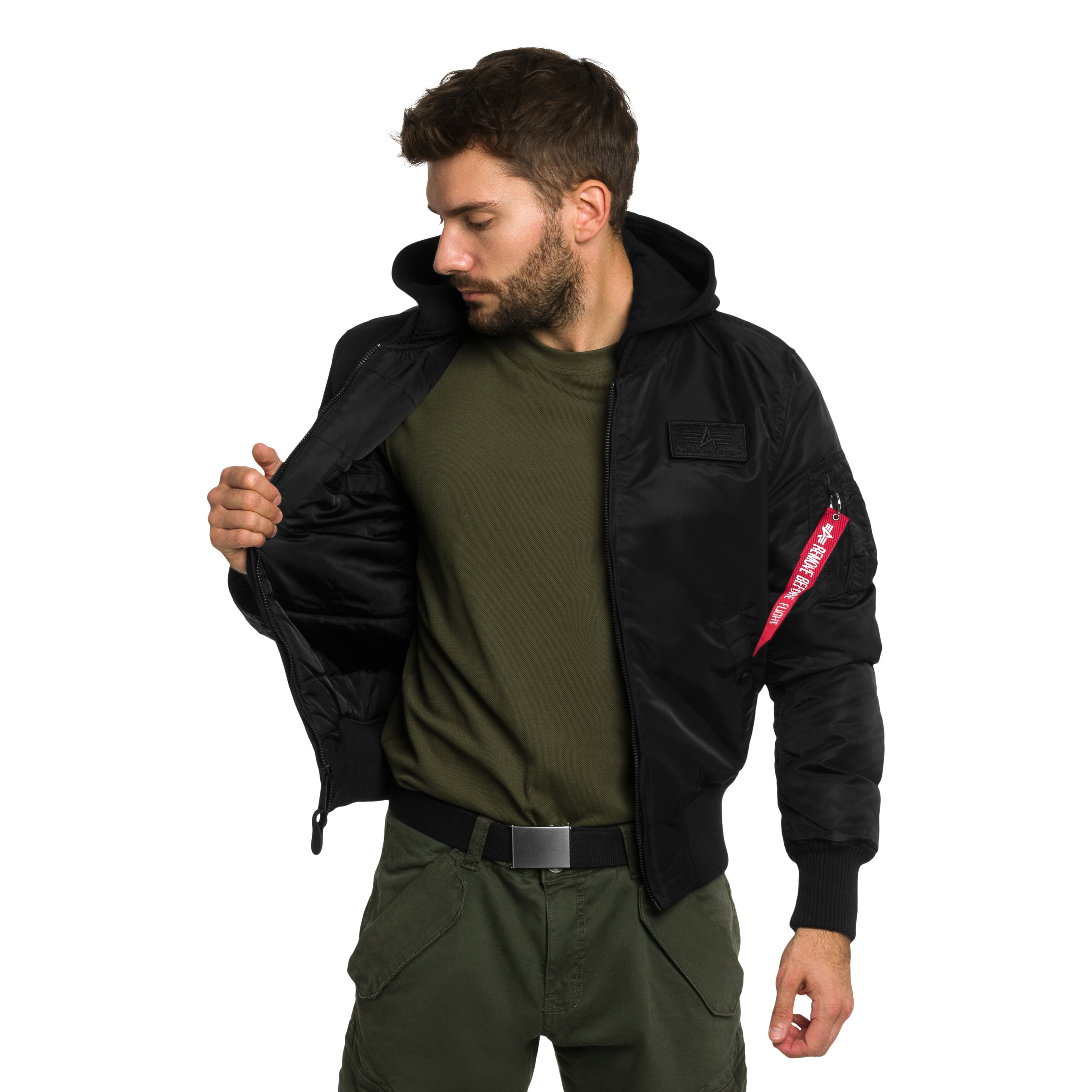 Alpha Industries MA-1 Zip Hood Backprint Bomber kabát - Black/White