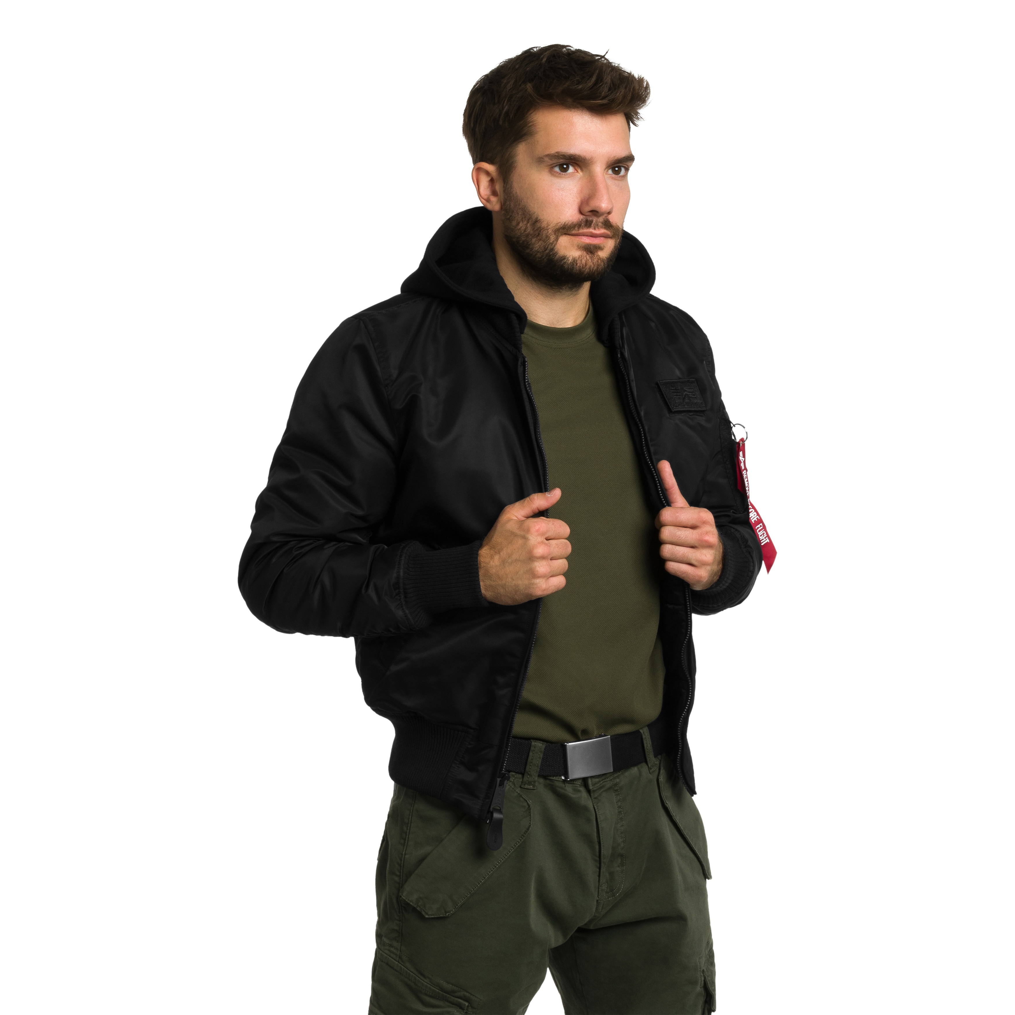 Alpha Industries MA-1 Zip Hood Backprint Bomber kabát - Black/White