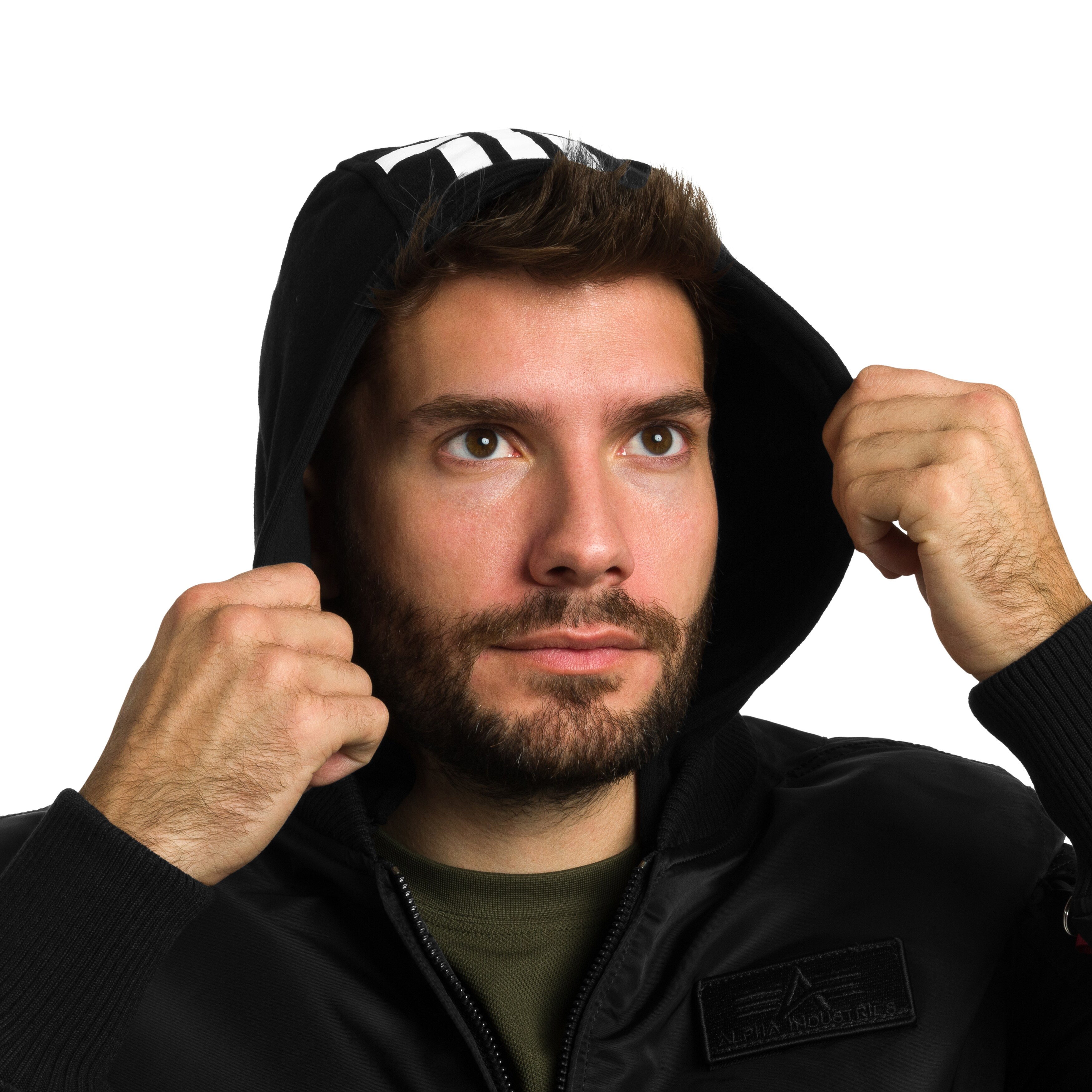 Alpha Industries MA-1 Zip Hood Backprint Bomber kabát - Black/White