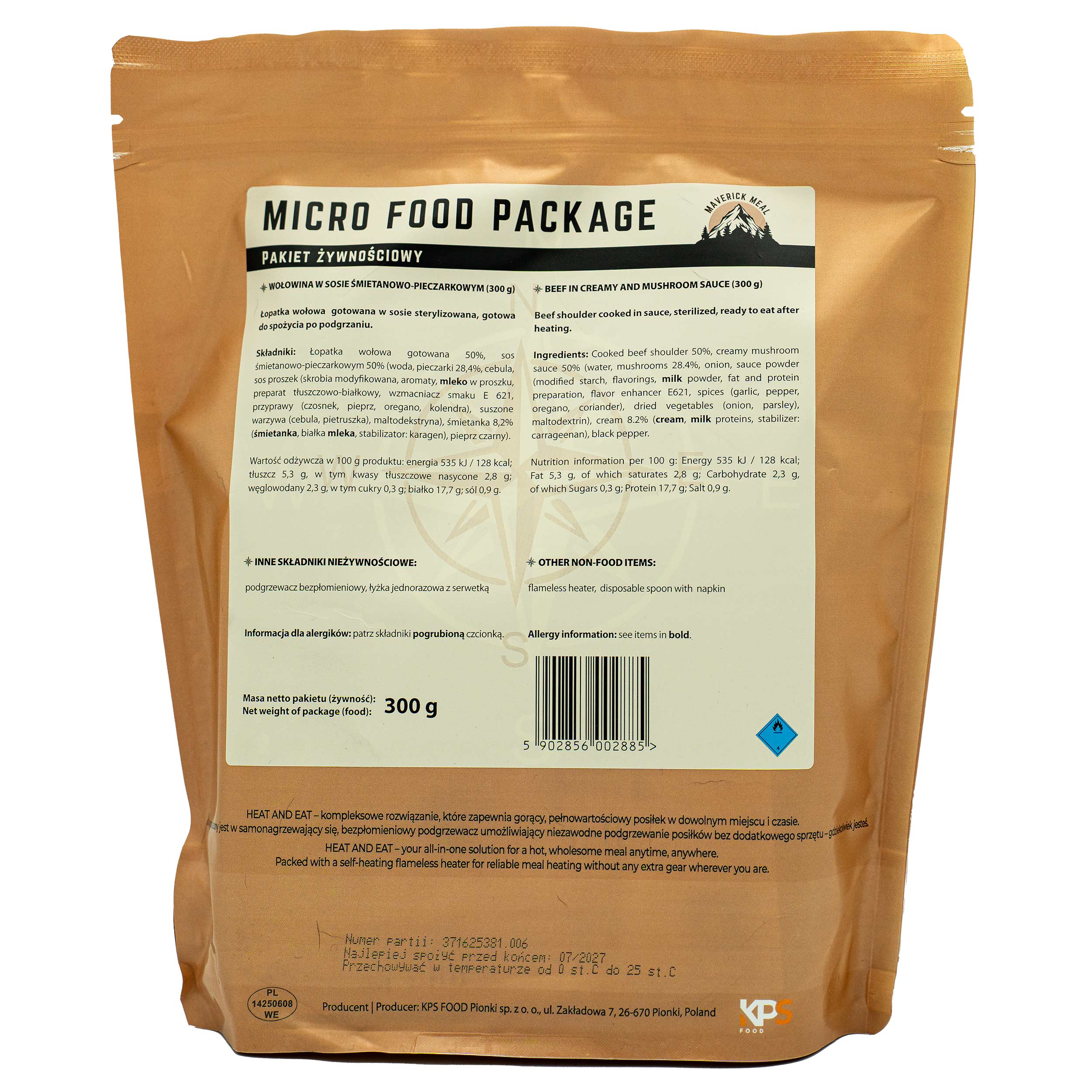 Maverick Food készétel Marhahús tejszínes gombaszósszal 300 g - Micro csomag főzővel