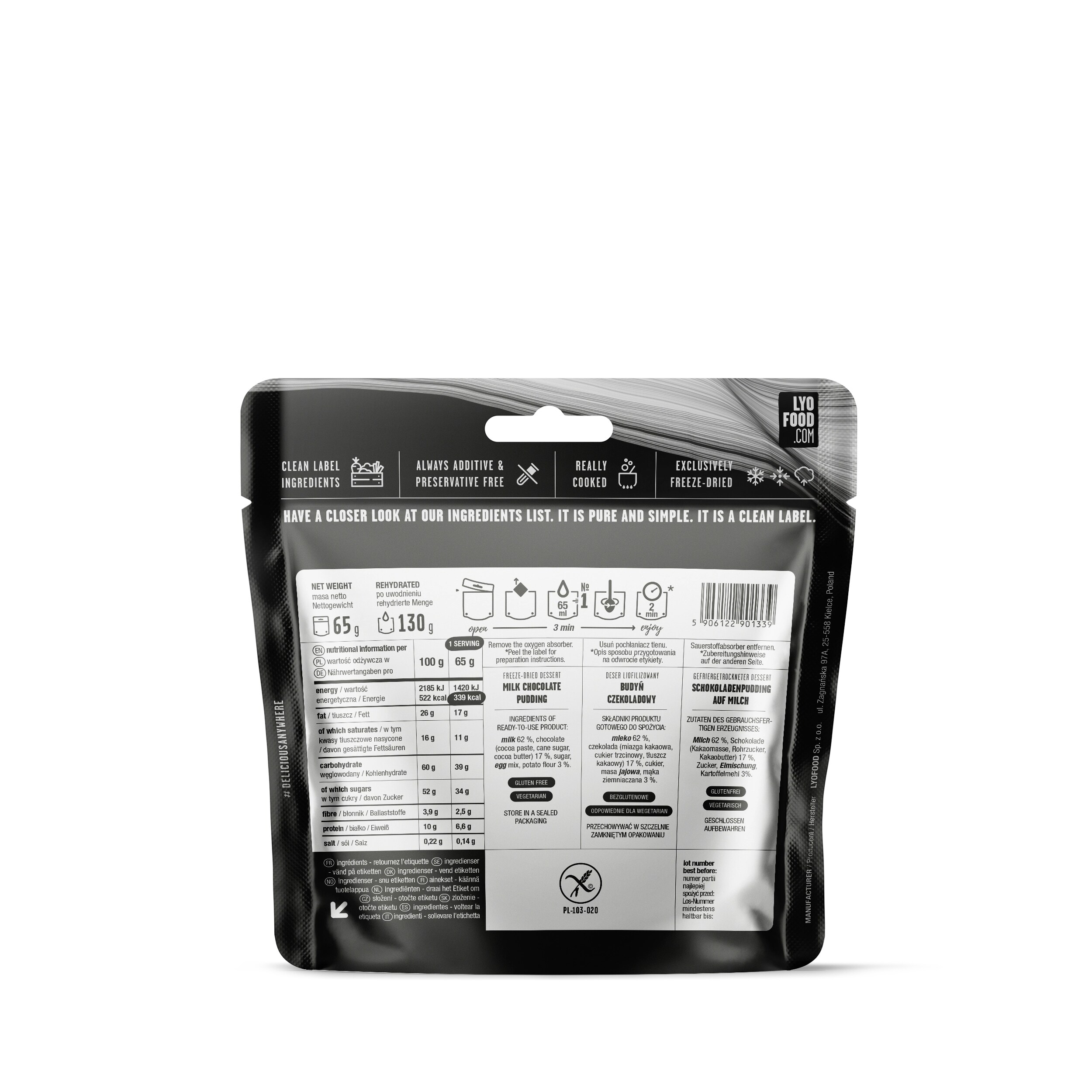 LYOFOO Csokoládé ízű puding fagyasztva szárított étel 65 g/339 kcal - 2 db