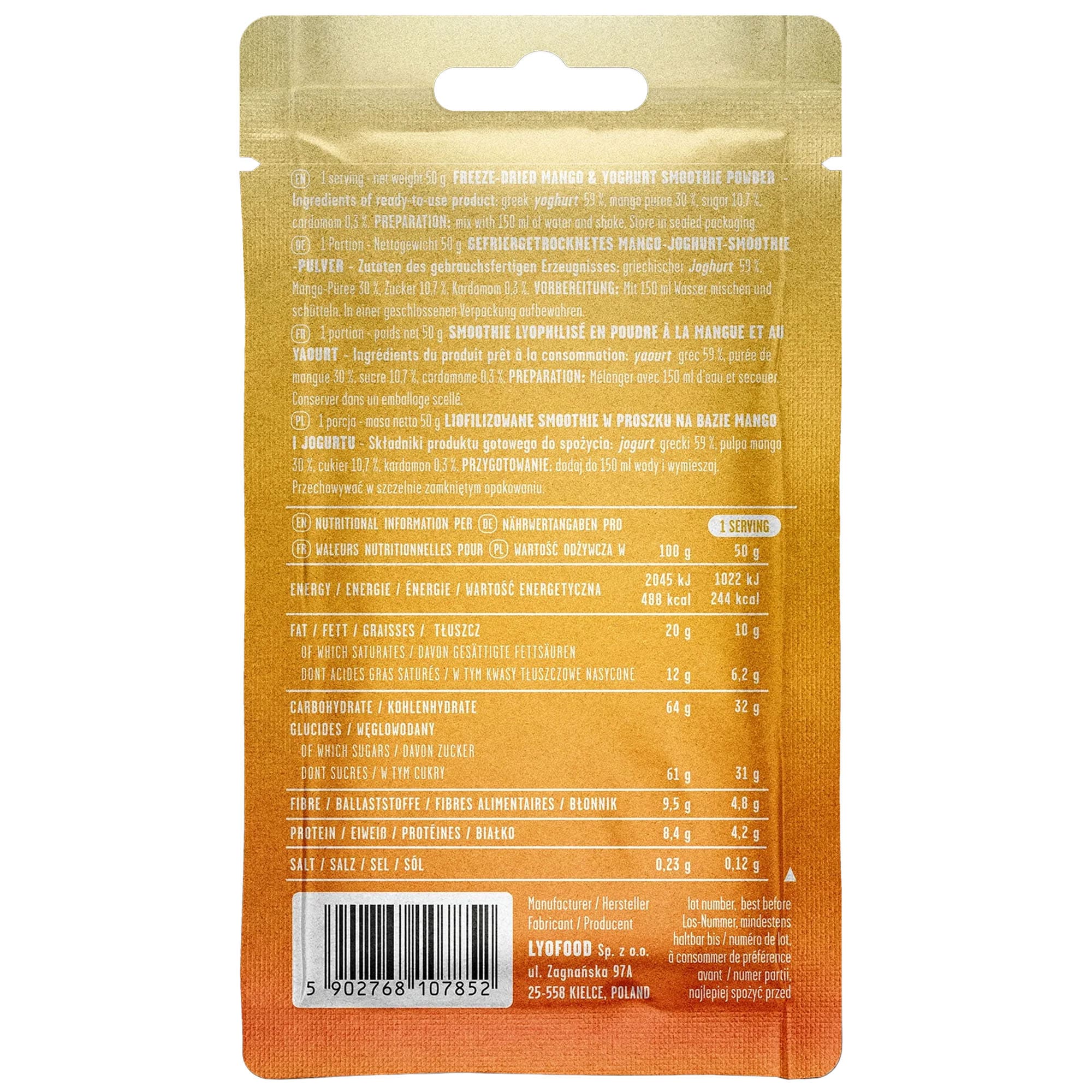 LYOFOOD fagyasztva szárított étel Smoothie Mango Lassi 50 g/244 kcal - 2 db