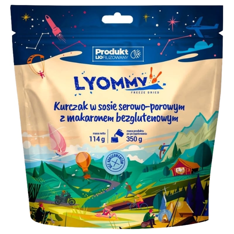 Lyommy fagysztva szárított étel, Csirke sajtos póréhagymás szószban gluténmentes tésztával 114 g/523 kcal