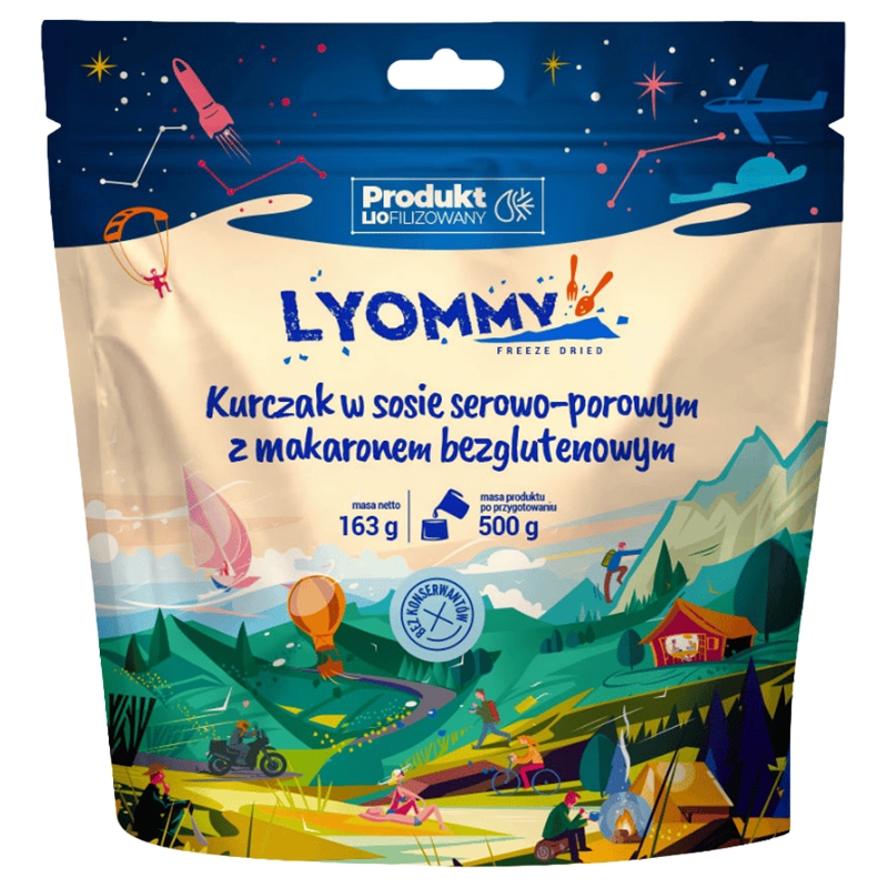 Lyommy fagyasztva szárított étel,Csirke sajtos póréhagymás szószban gluténmentes tésztával 163 g/748 kcal