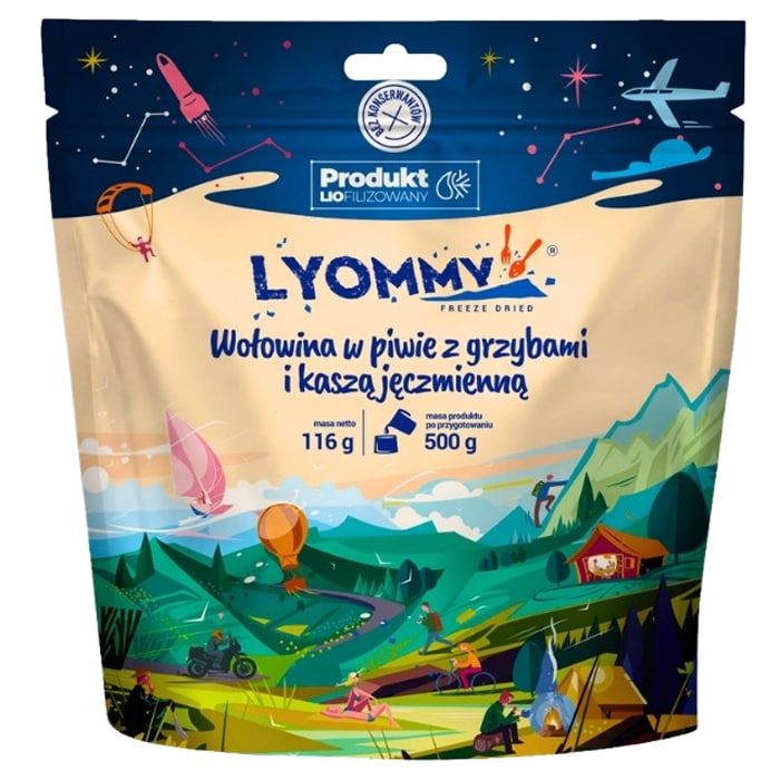 Lyommy fagyasztva szárított étel, Sörben párolt marhahús gombával és árpagyönggyel 116 g/480 kcal