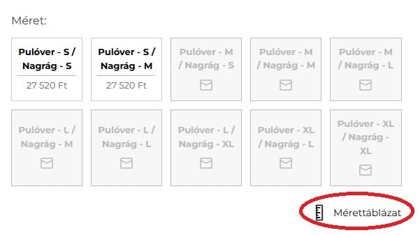 Mérettáblázat