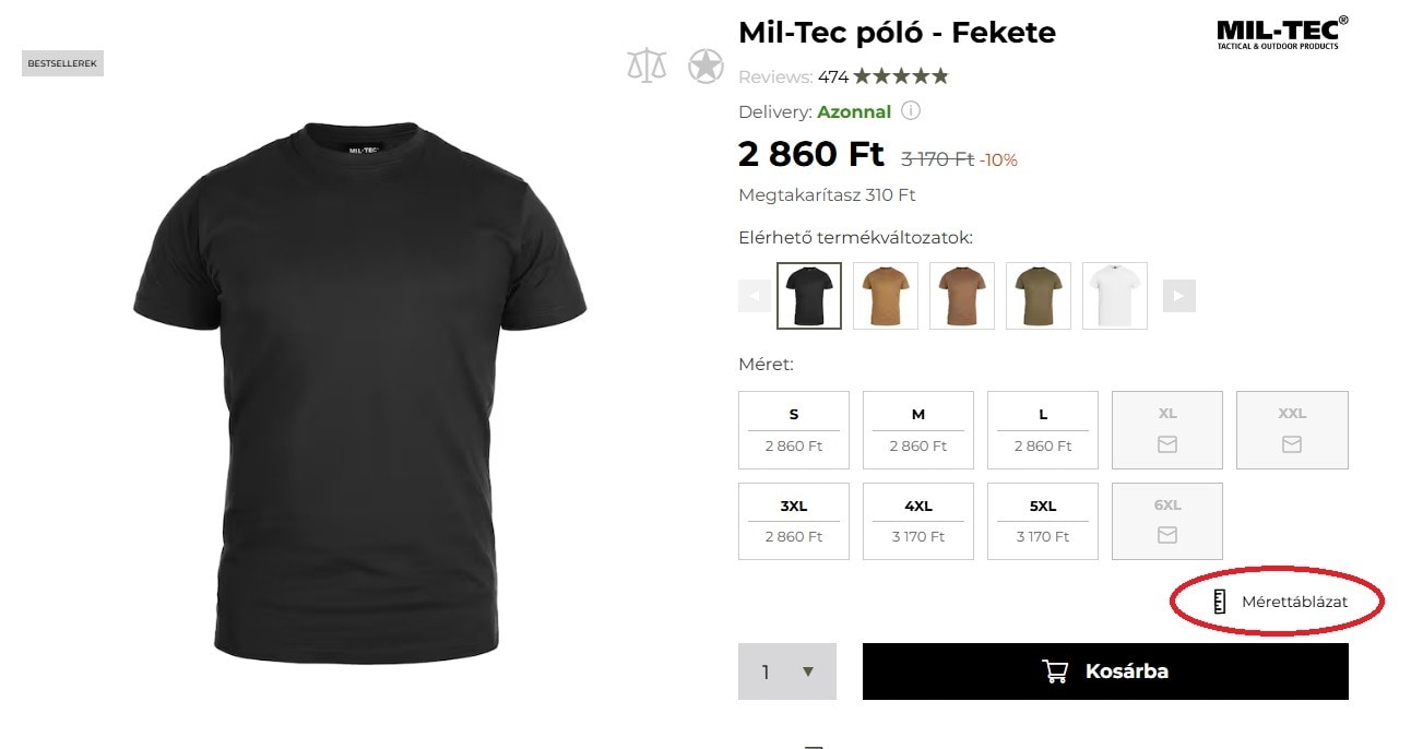 Mérettáblázat a terméklapon