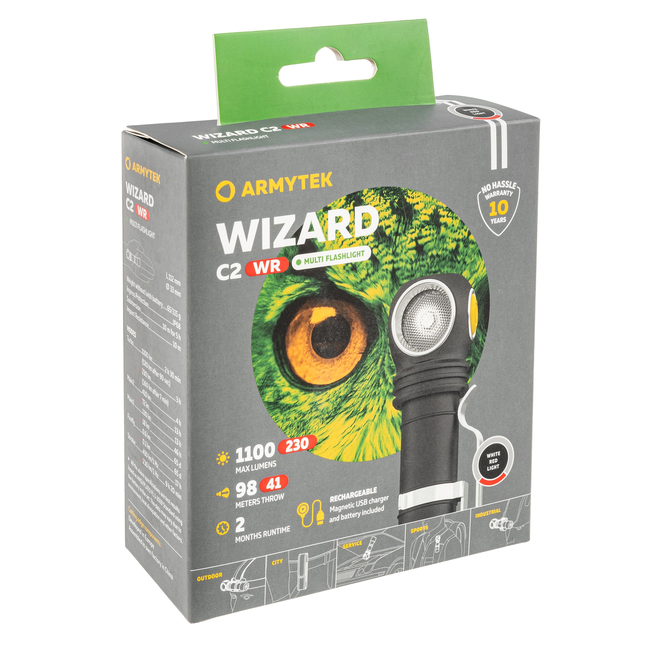 Armytek Wizard C2 WR Magnet USB White Headlamp and Angled Flashlight - 1100 lumens